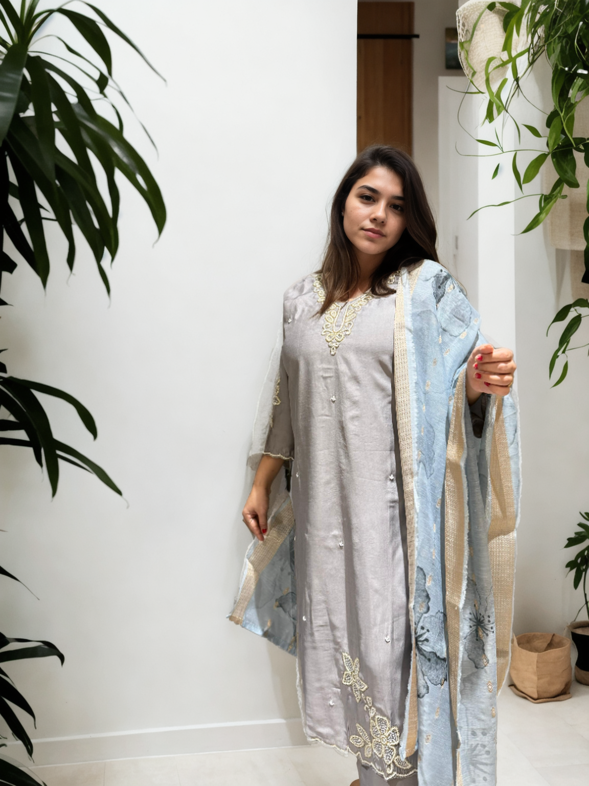 Pure Pearl Handwork Roman Silk Suit Set with Chanderi Dupatta (M-5xl)