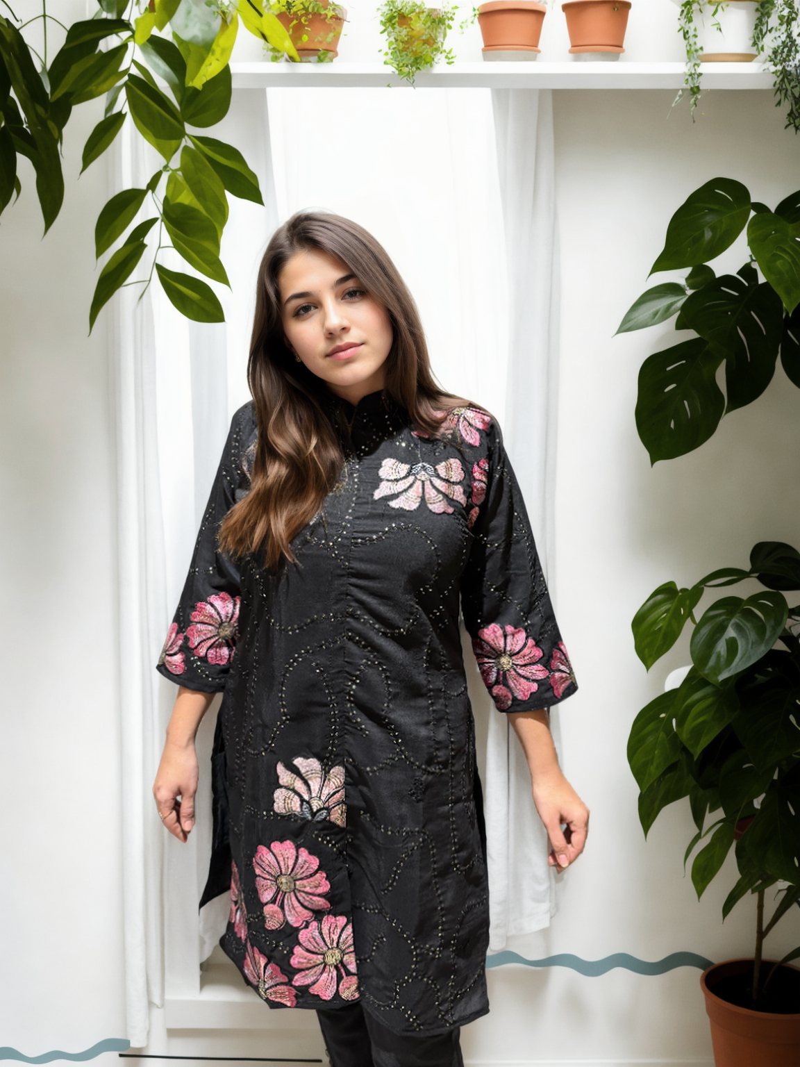 Chikan-Inspired Kurta Set with Bold Floral Appliqué