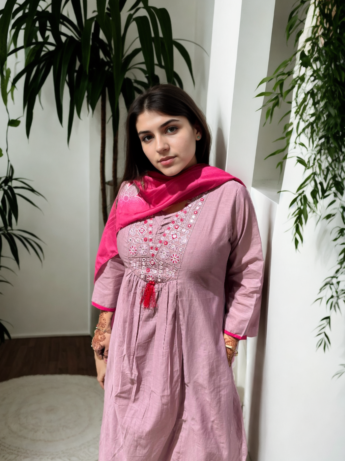 Muk Chanderi 3-Piece Suit Set with Embroidered Neck & Side Pocket