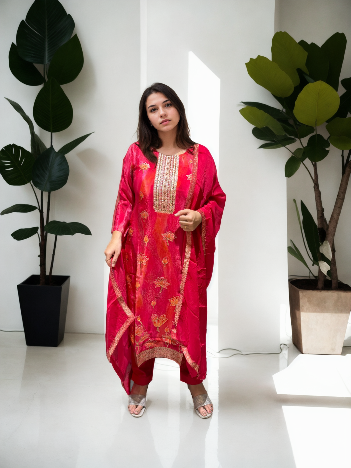 Rani Pink Silk Suit with Lotus Embroidery & Organza Dupatta