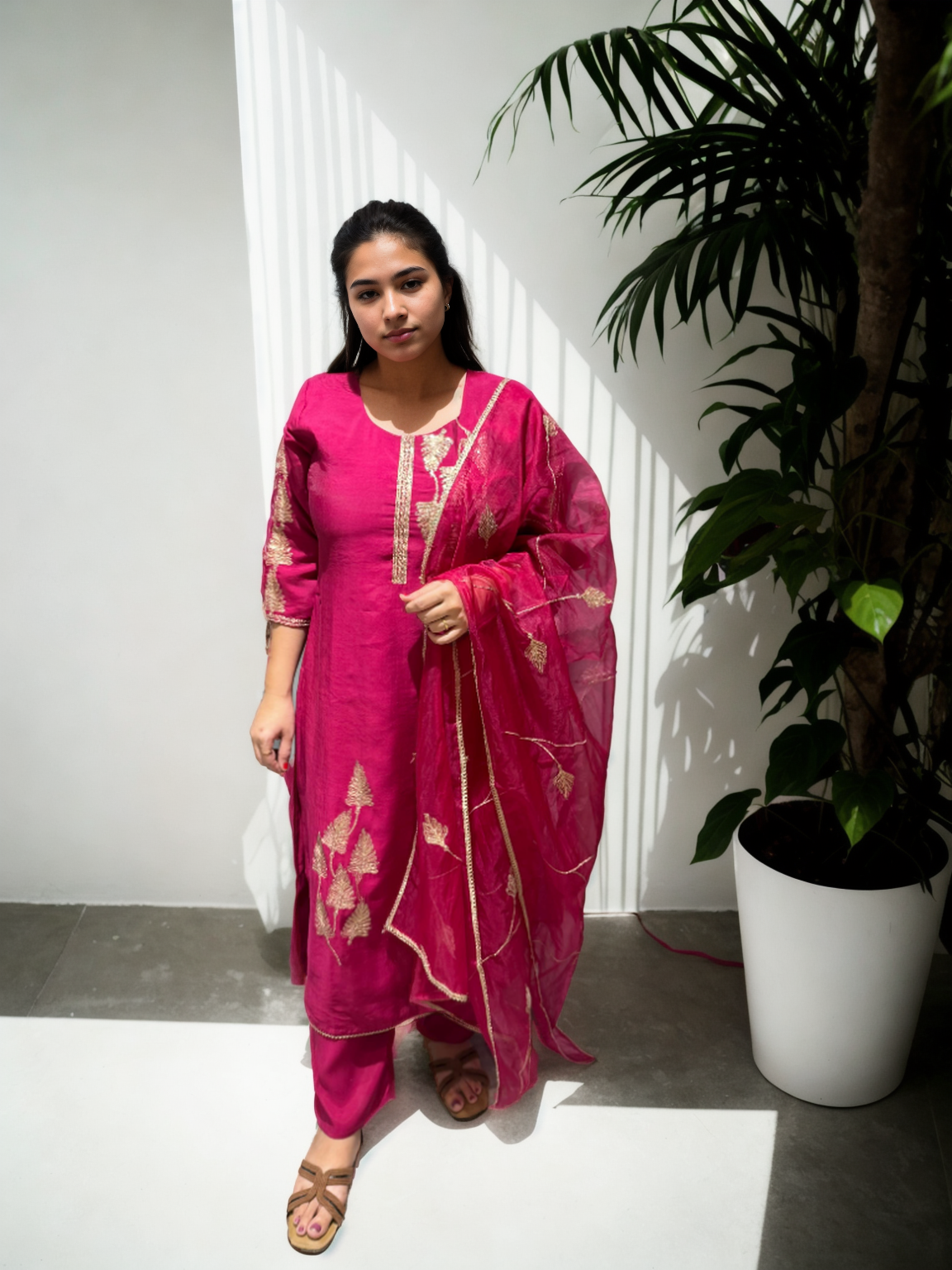 Roman Silk Kurta Set with Golden Embroidery & Organza Dupatta