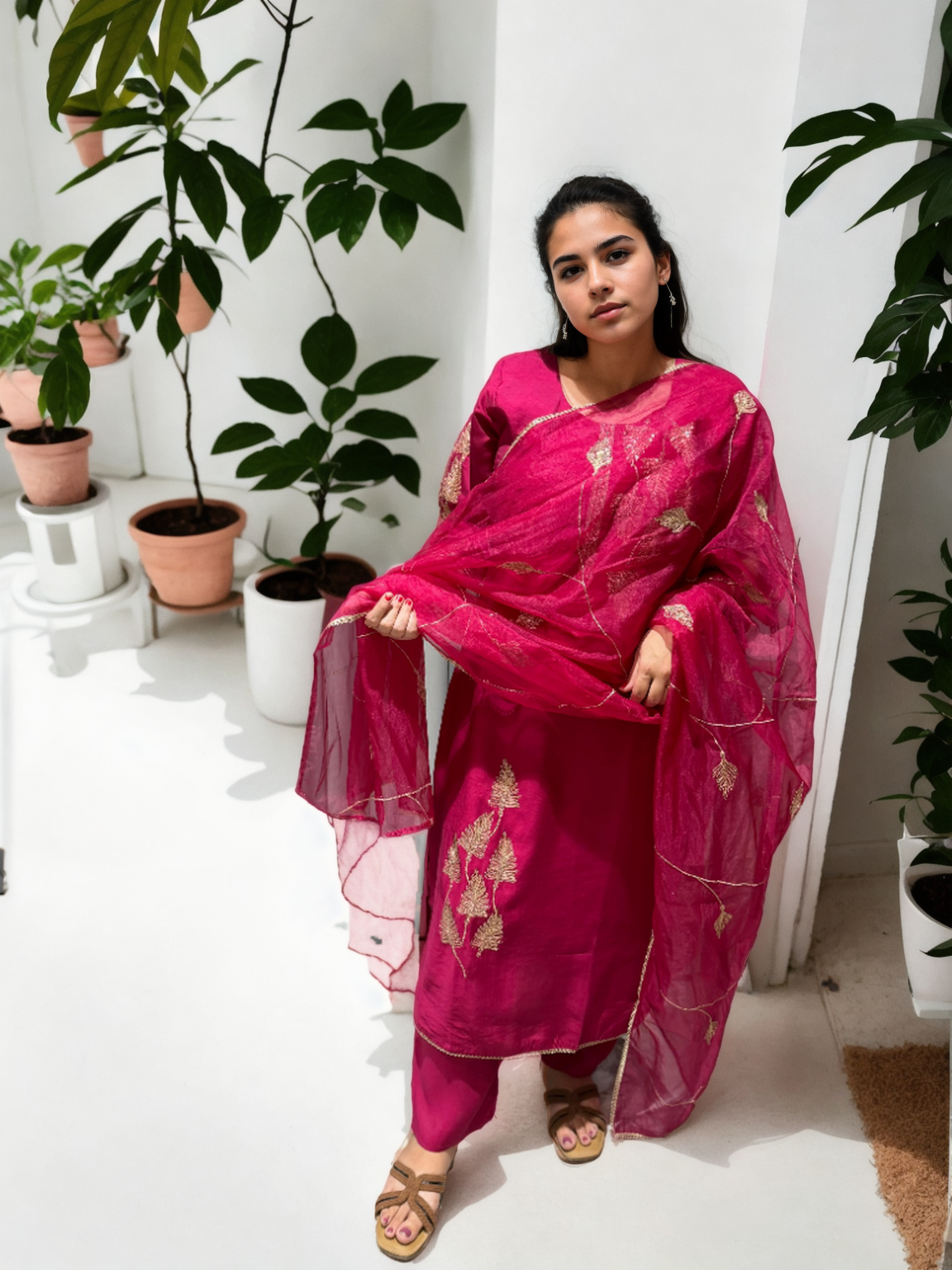 Roman Silk Kurta Set with Golden Embroidery & Organza Dupatta