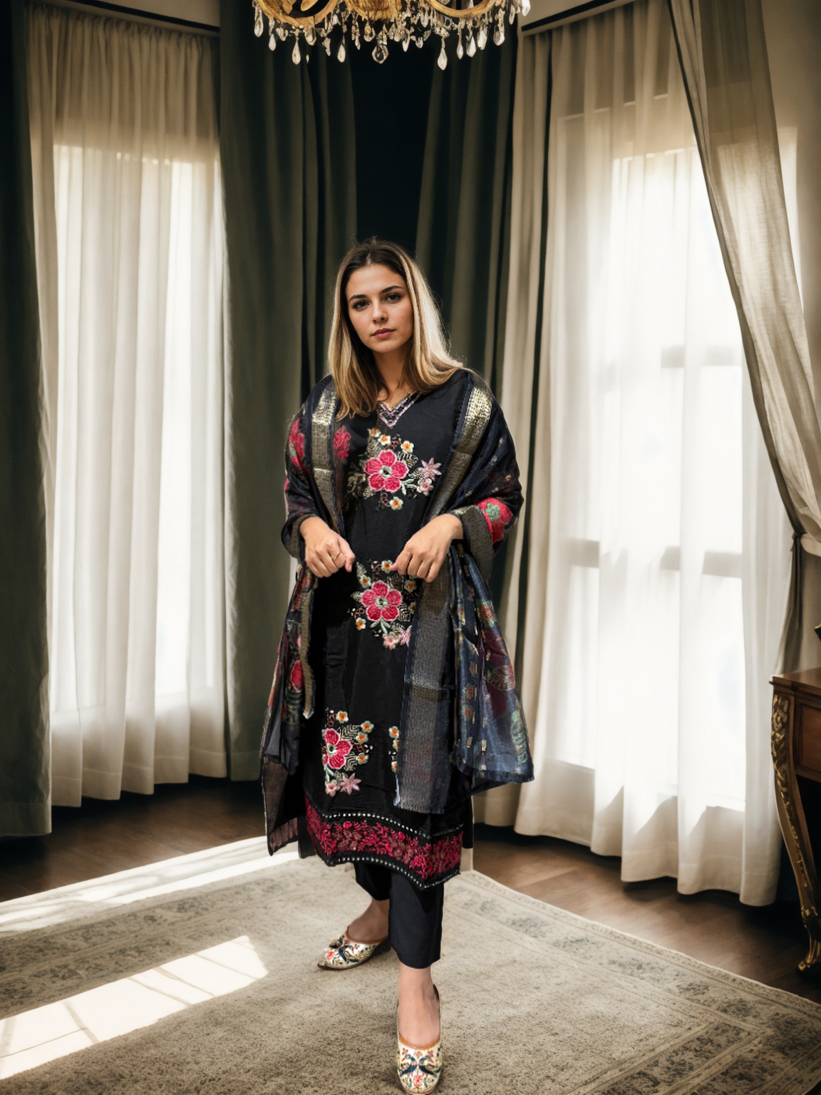Black Roman Silk Suit with Hand Embroidery & Shimmer Checkered Dupatta