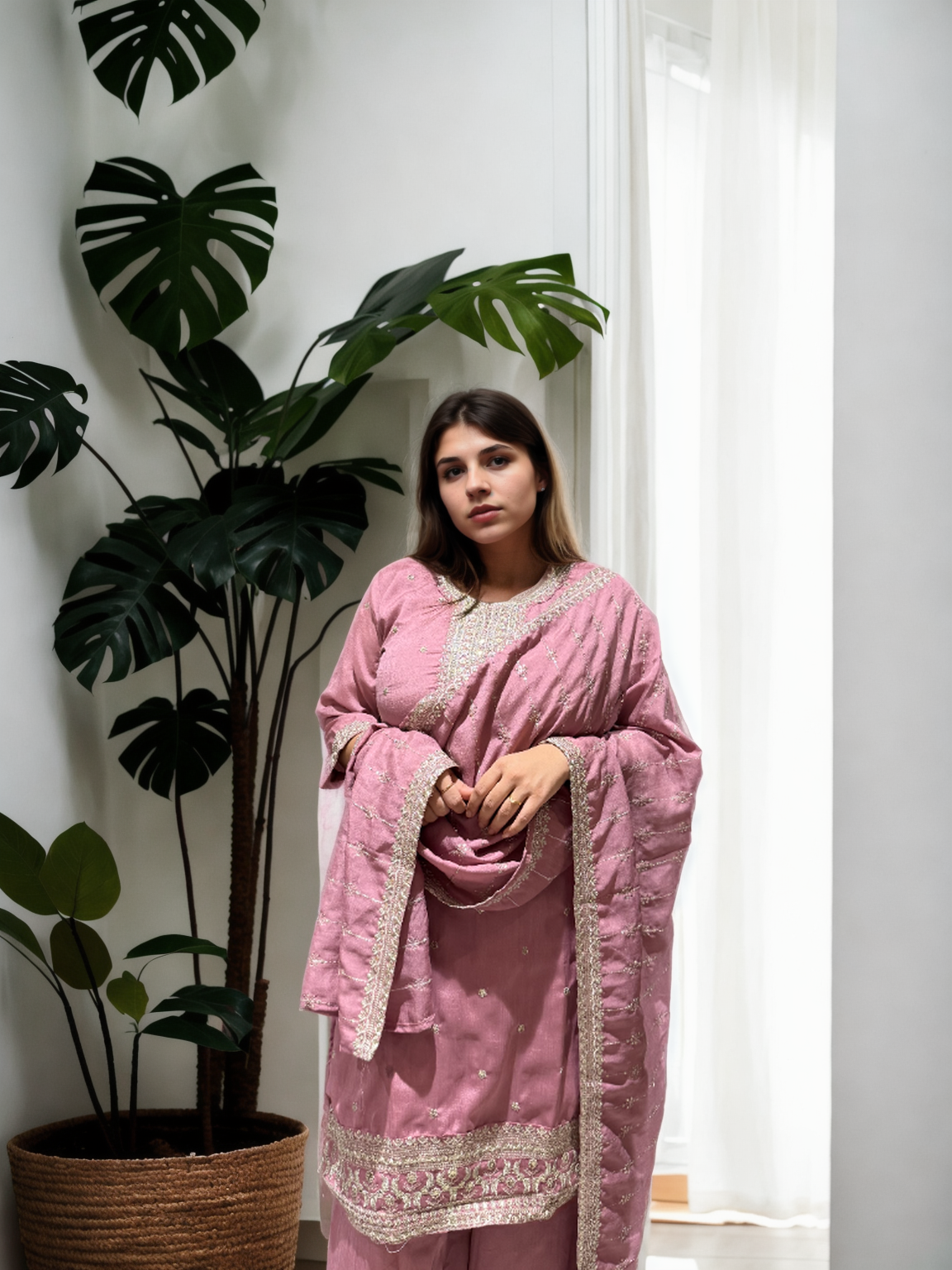 Timeless Charm: Embroidered Afghani Suit Set with Shimmer Detailing