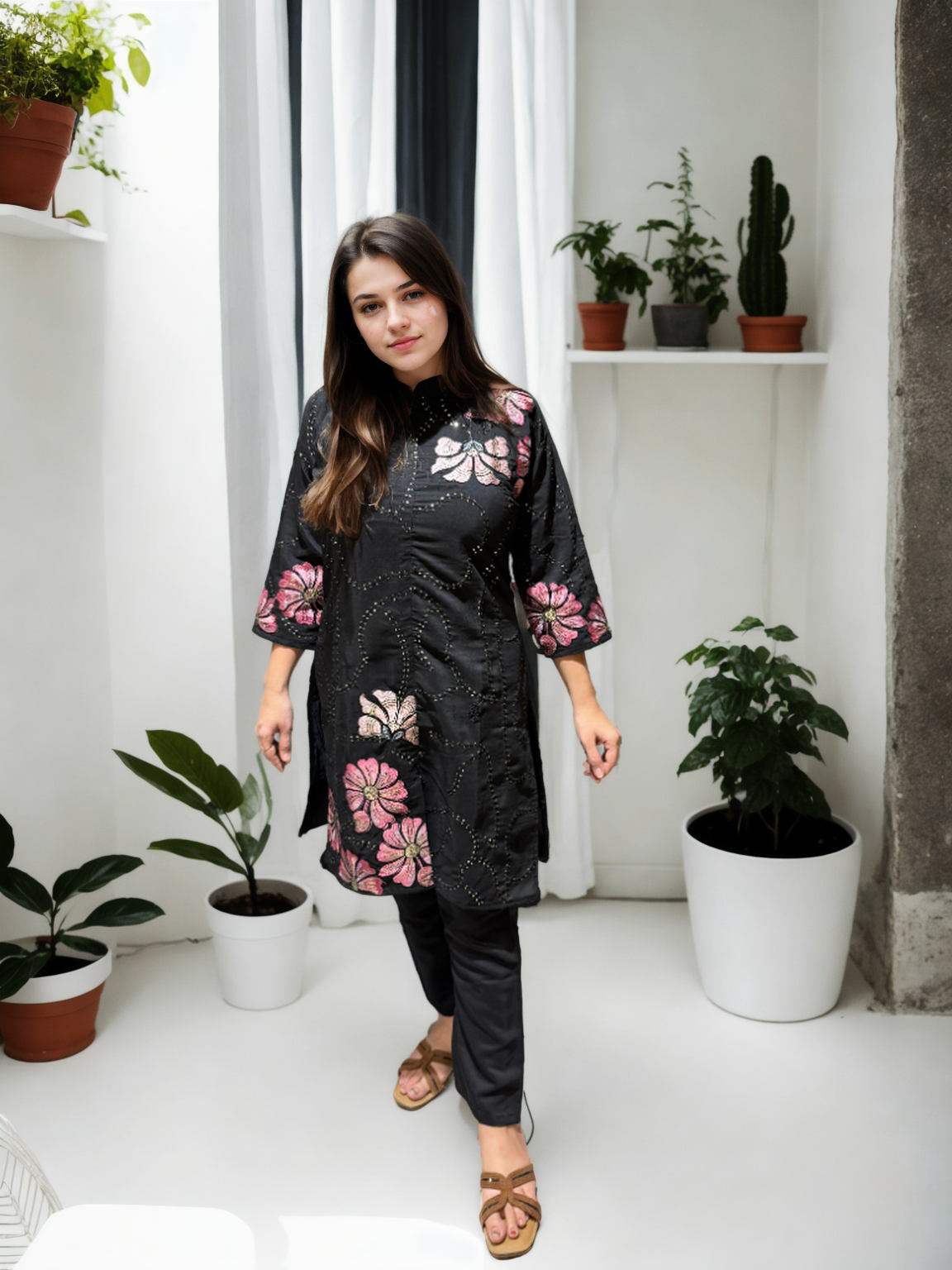 Chikan-Inspired Kurta Set with Bold Floral Appliqué