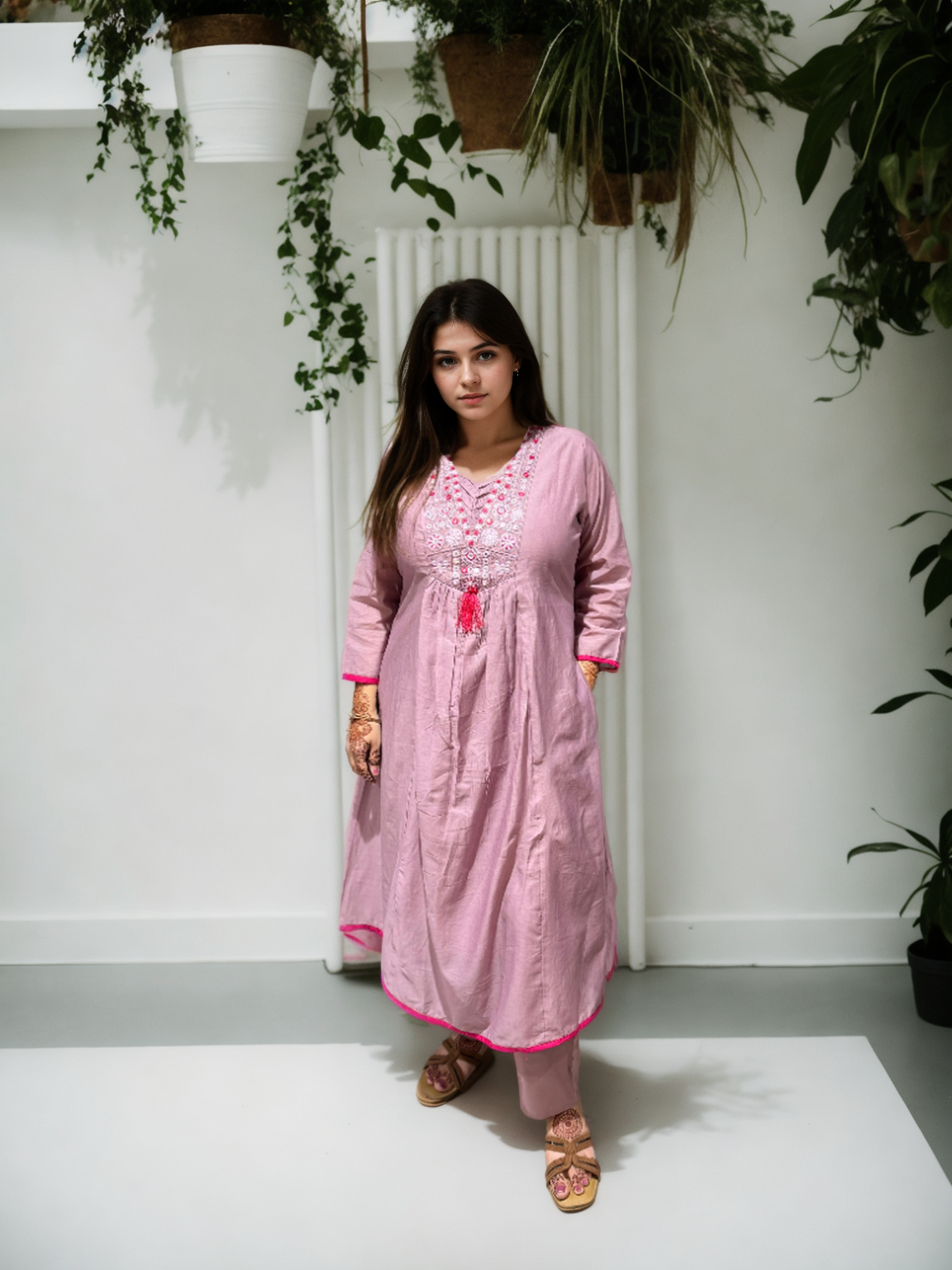Muk Chanderi 3-Piece Suit Set with Embroidered Neck & Side Pocket