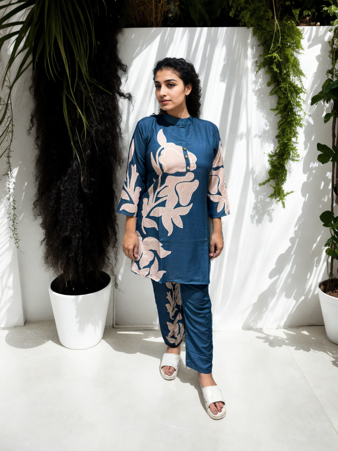 Flex Cotton Co-ord Set with Bold Leaf Print – 2 Colors