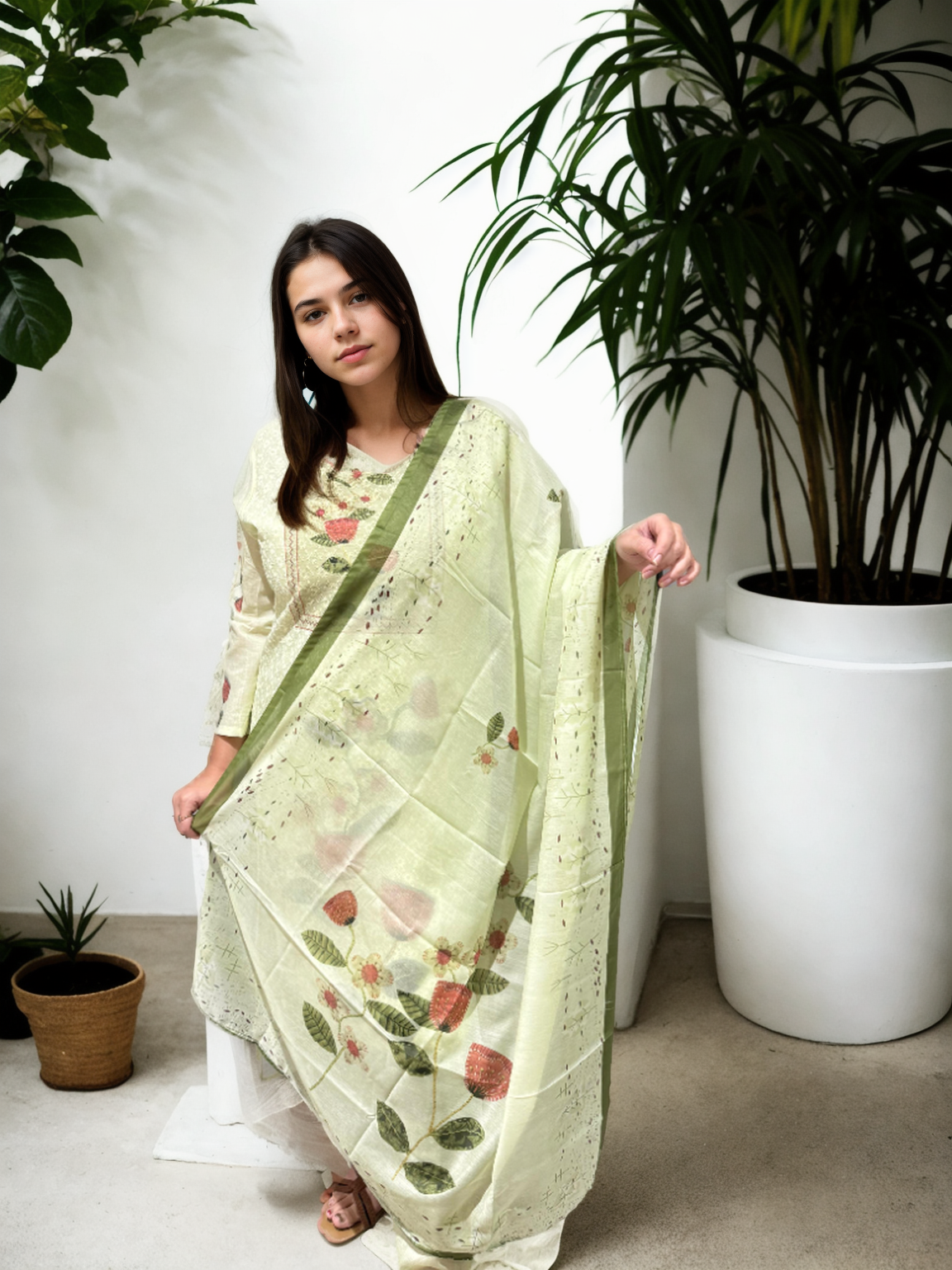 Gulbahaar Mint Cotton Suit Set with Pure Mul Lining & Pocket Pants | Signature Collection