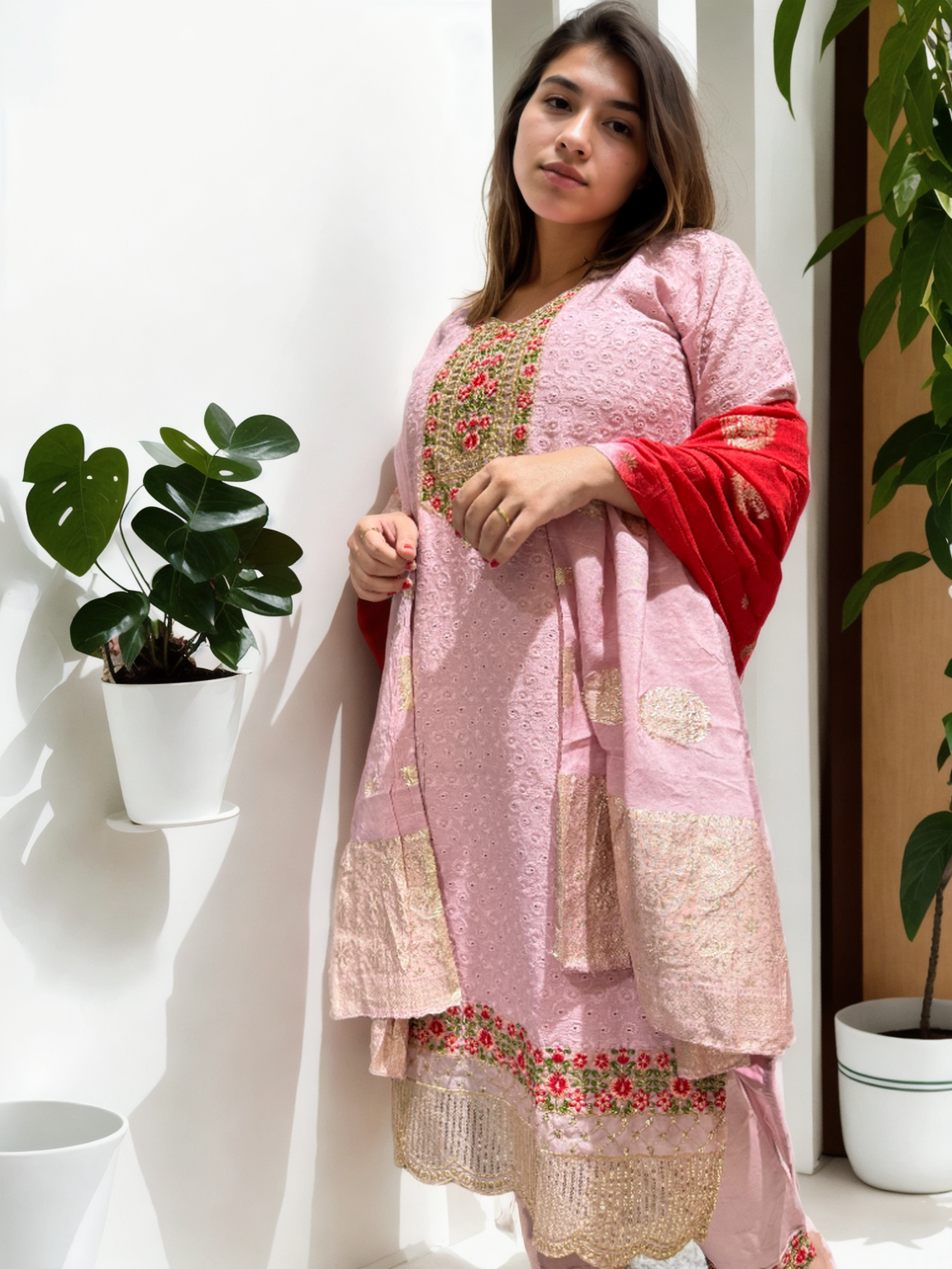 Elegant Roman Silk Suit with Chicken Work & Jacquard Dupatta