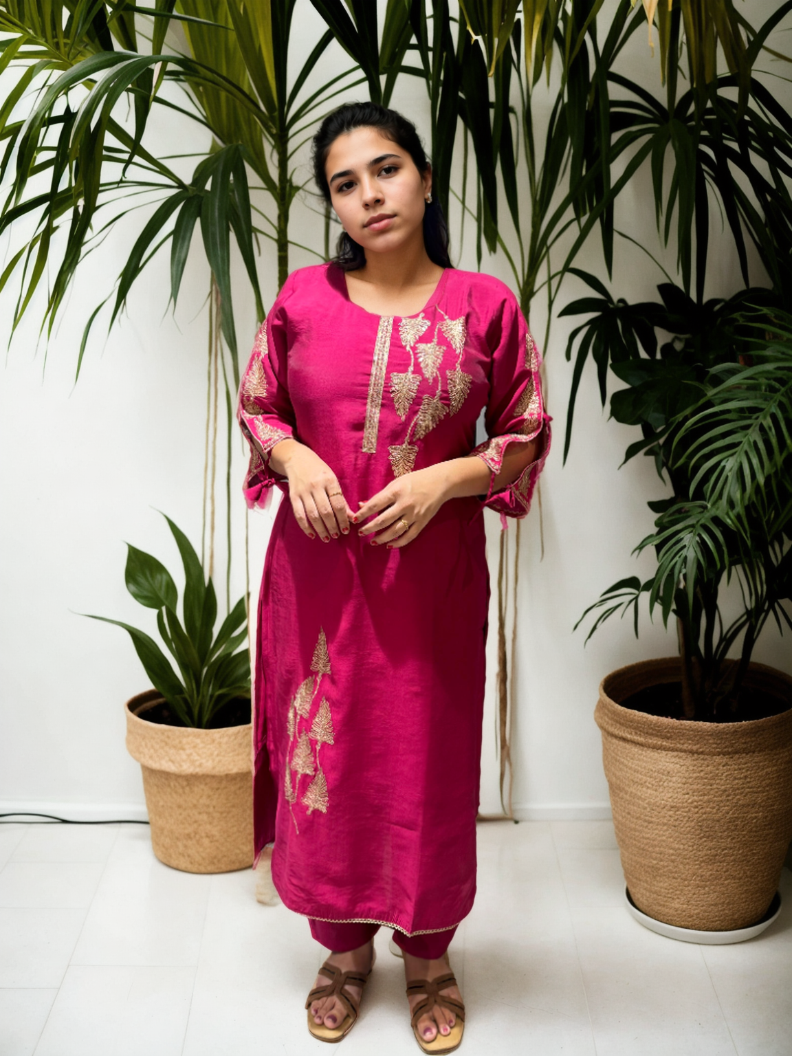 Roman Silk Kurta Set with Golden Embroidery & Organza Dupatta