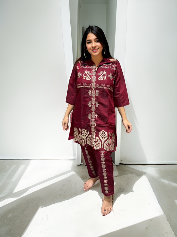 Regal Embroidered Coord Set in Roman Silk – Wine & Maroon Shades