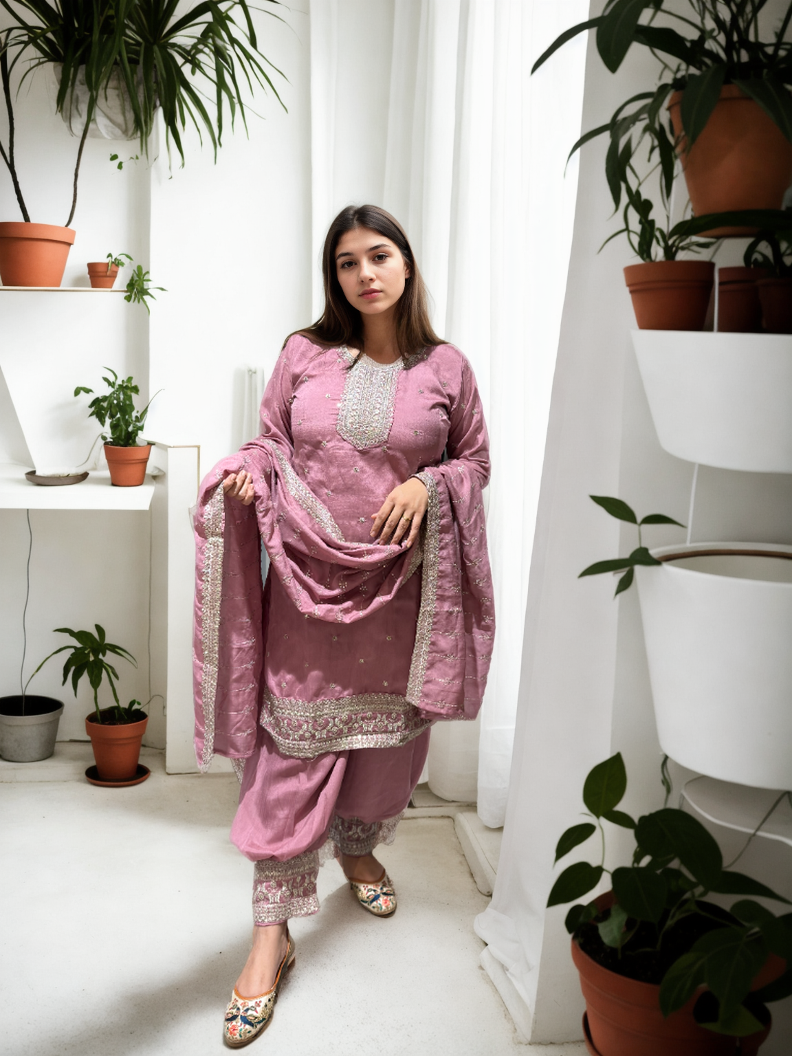 Timeless Charm: Embroidered Afghani Suit Set with Shimmer Detailing