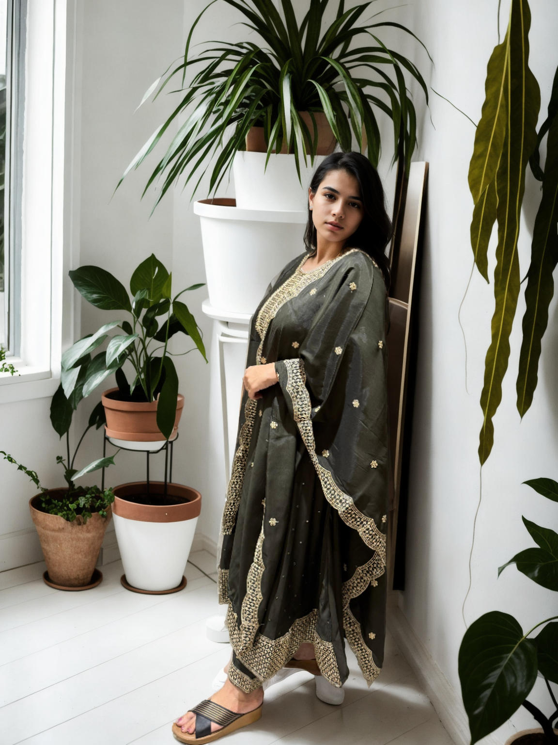 Roman Silk Ghera Suit with Embroidery & Dupatta