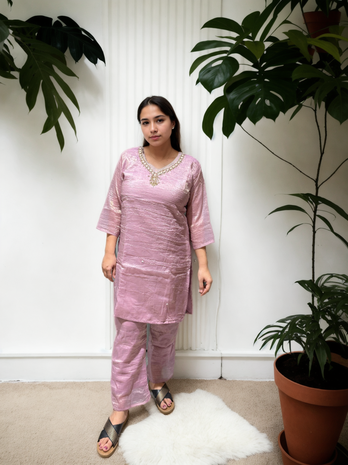 Blush Pink Crushed Fabric Coord Set with Handwork Neckline & Bootcut Pants