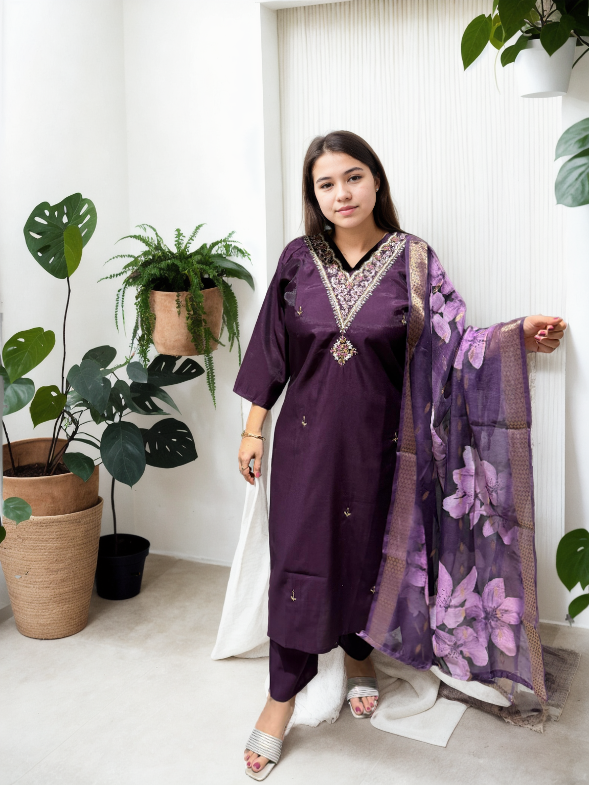 Elegant Roman Silk Suit Set with Handwork – 3 Colours | V-Neck | Chanderi Dupatta