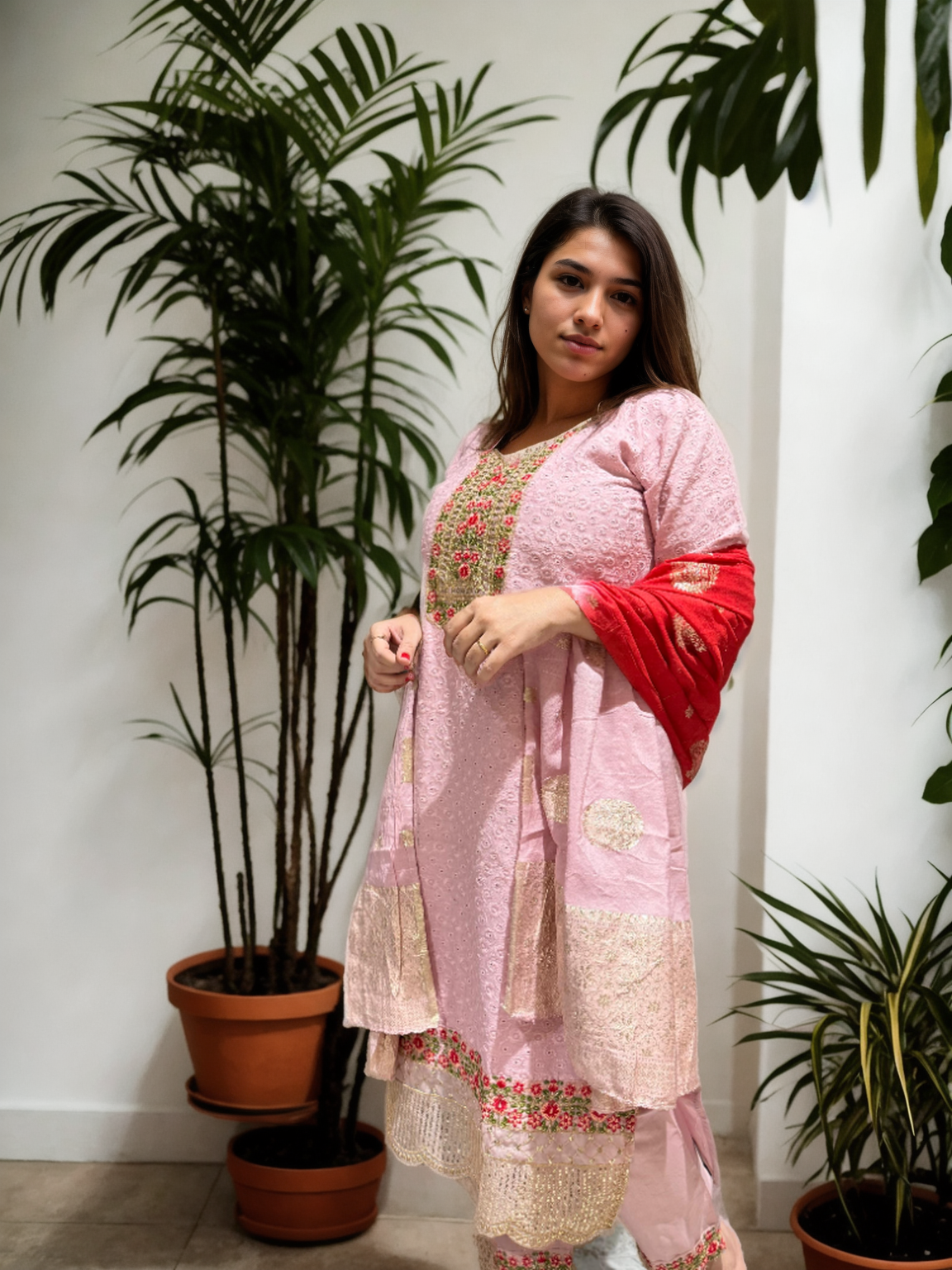 Elegant Roman Silk Suit with Chicken Work & Jacquard Dupatta