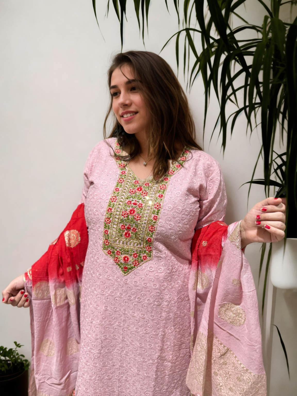 Elegant Roman Silk Suit with Chicken Work & Jacquard Dupatta