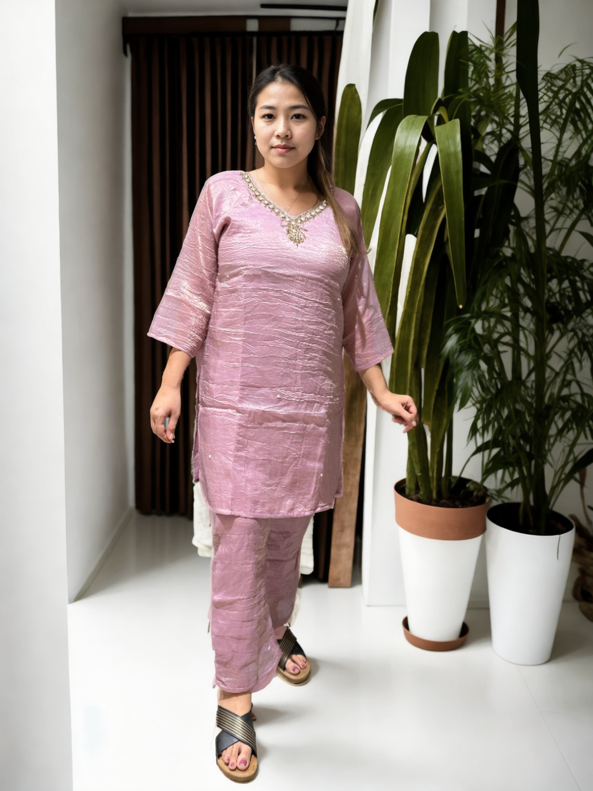 Blush Pink Crushed Fabric Coord Set with Handwork Neckline & Bootcut Pants