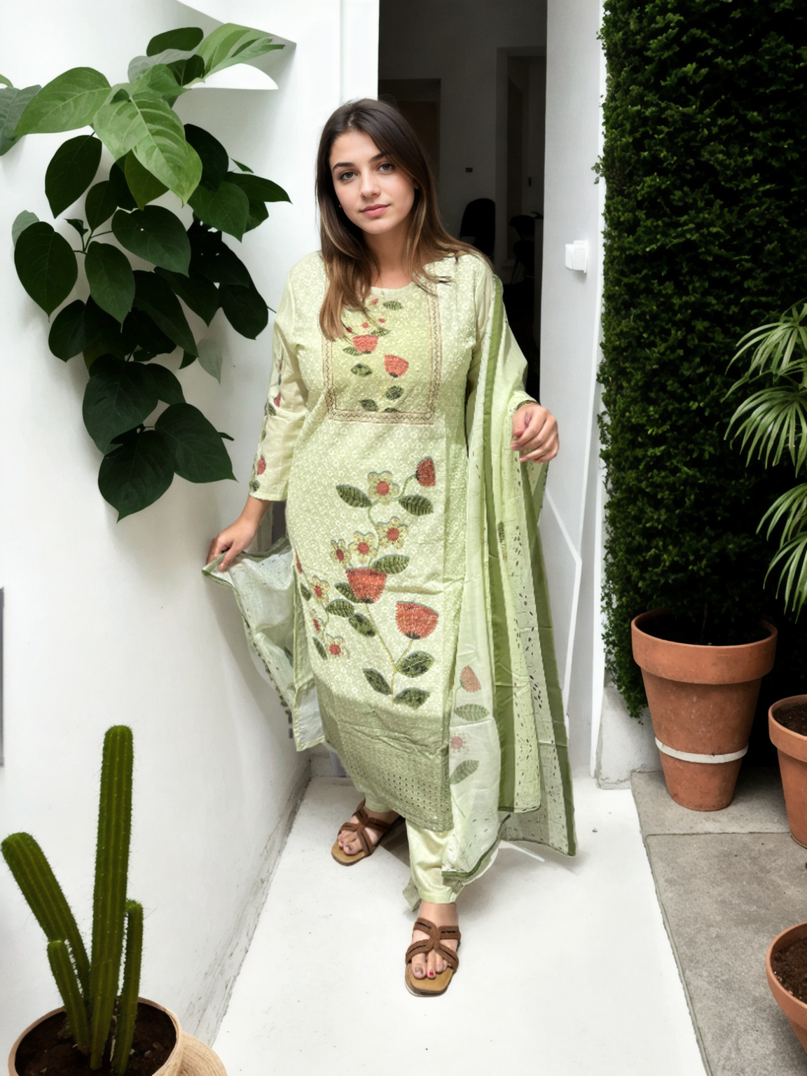 Gulbahaar Mint Cotton Suit Set with Pure Mul Lining & Pocket Pants | Signature Collection