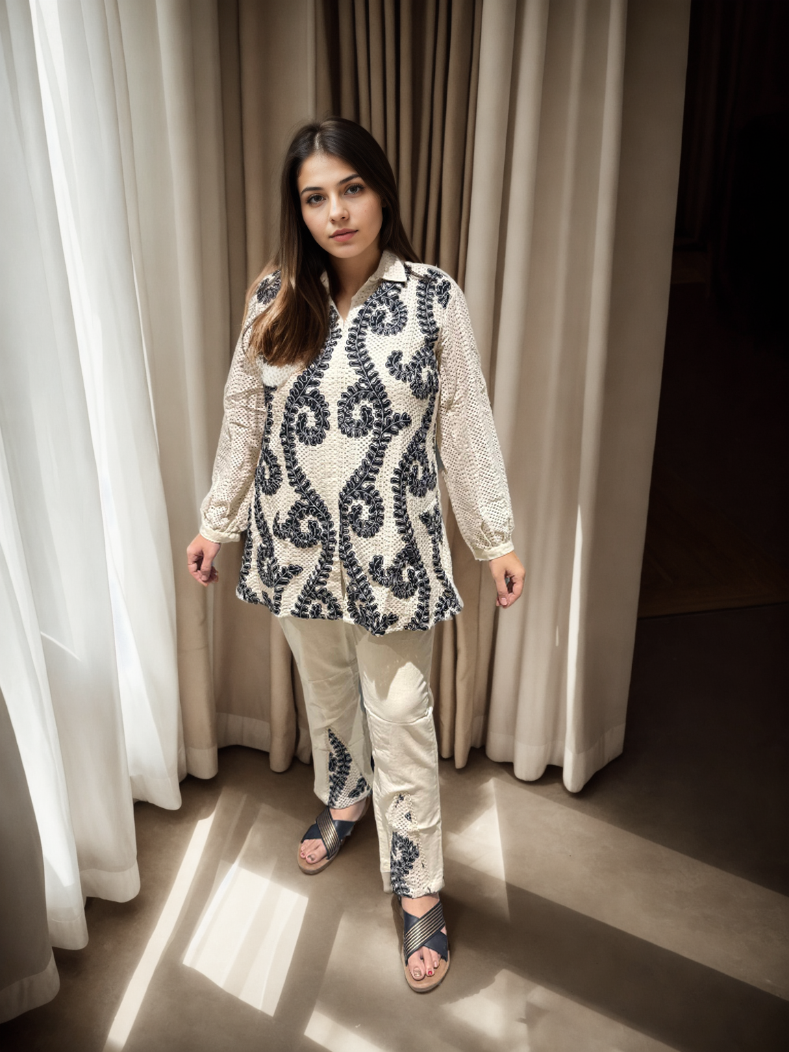 Ivory Khadi Swirl Embroidered Set | Signature Collection