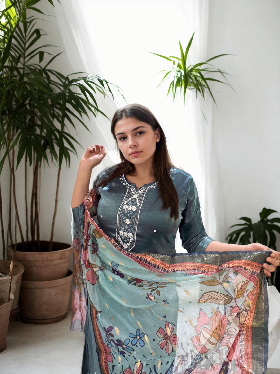 Royal Radiance: Mirror-Work Suit with Floral Digital Dupatta