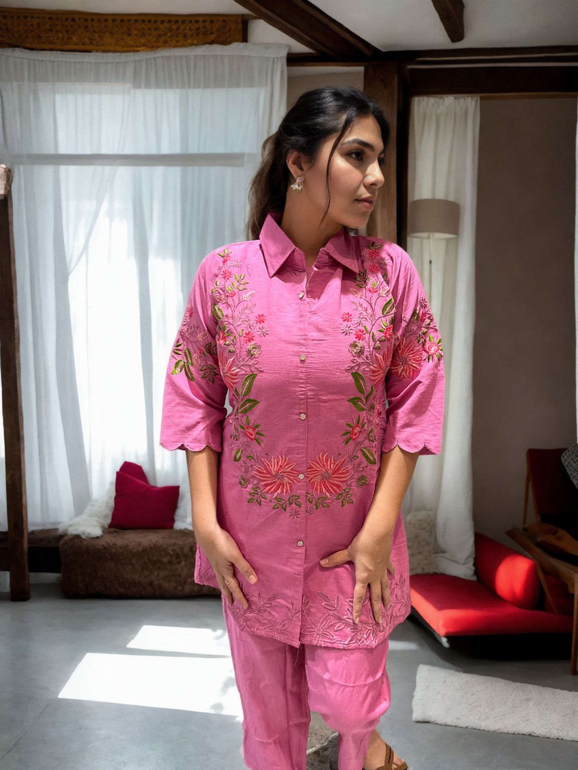 Floral Grace Embroidered Coord Set in Vatican Silk (With Inner)