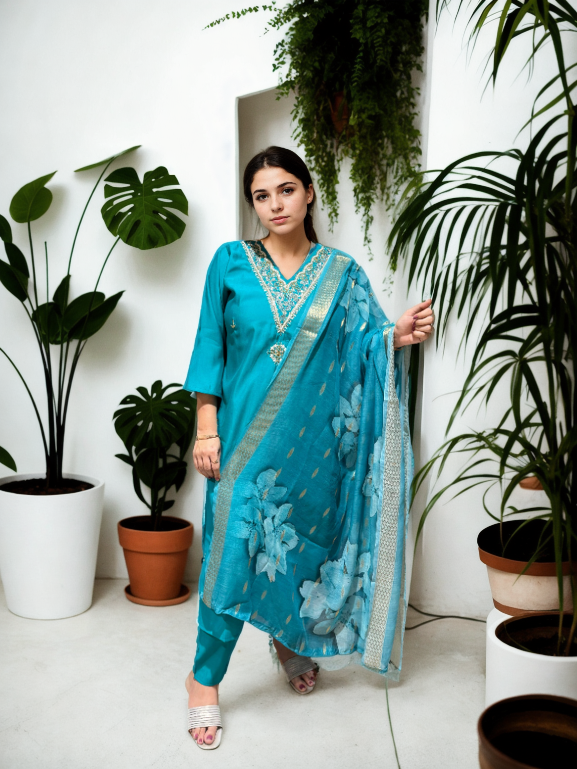 Elegant Roman Silk Suit Set with Handwork – 3 Colours | V-Neck | Chanderi Dupatta