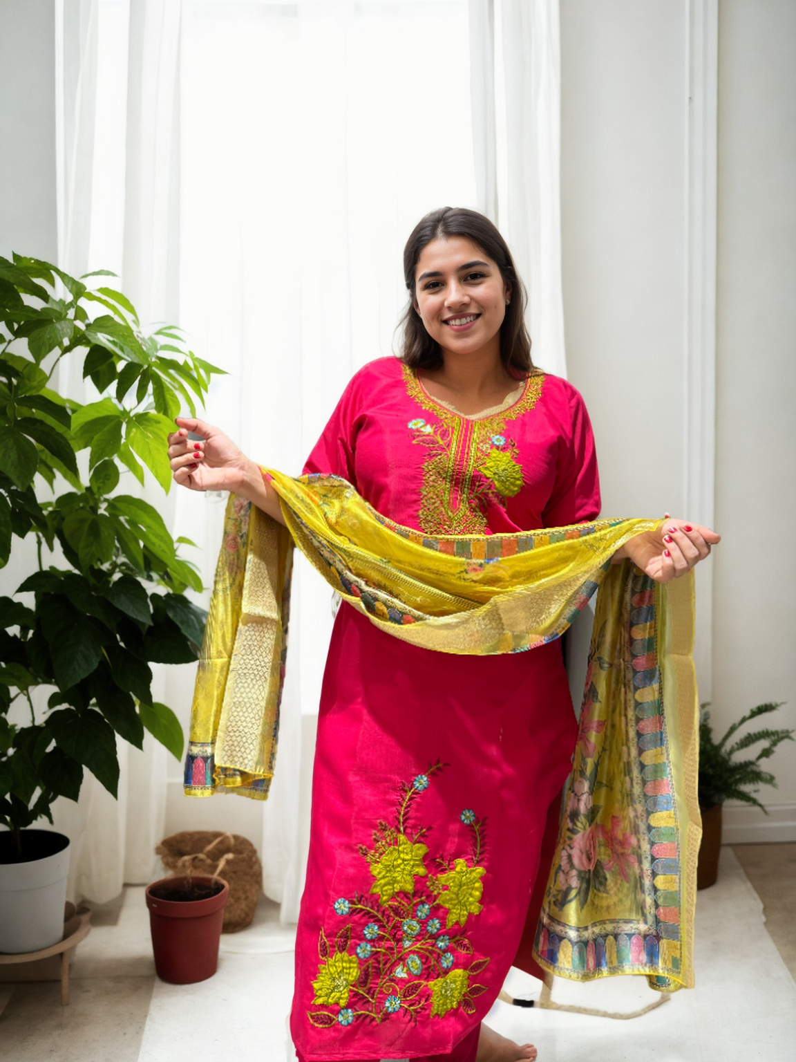 Roman Silk Patch Work Suit with Printed Organza Dupatta