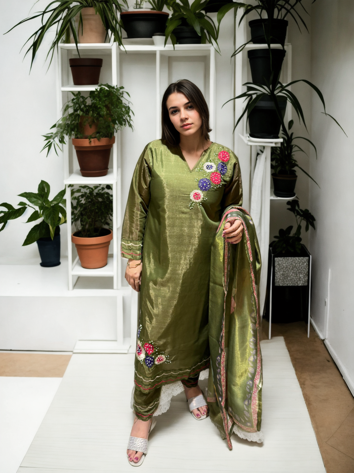 🌟 Shimmer Silk Suit with Digital Dupatta, Embroidery & Pearl Handwork – 3 Colors 🌟