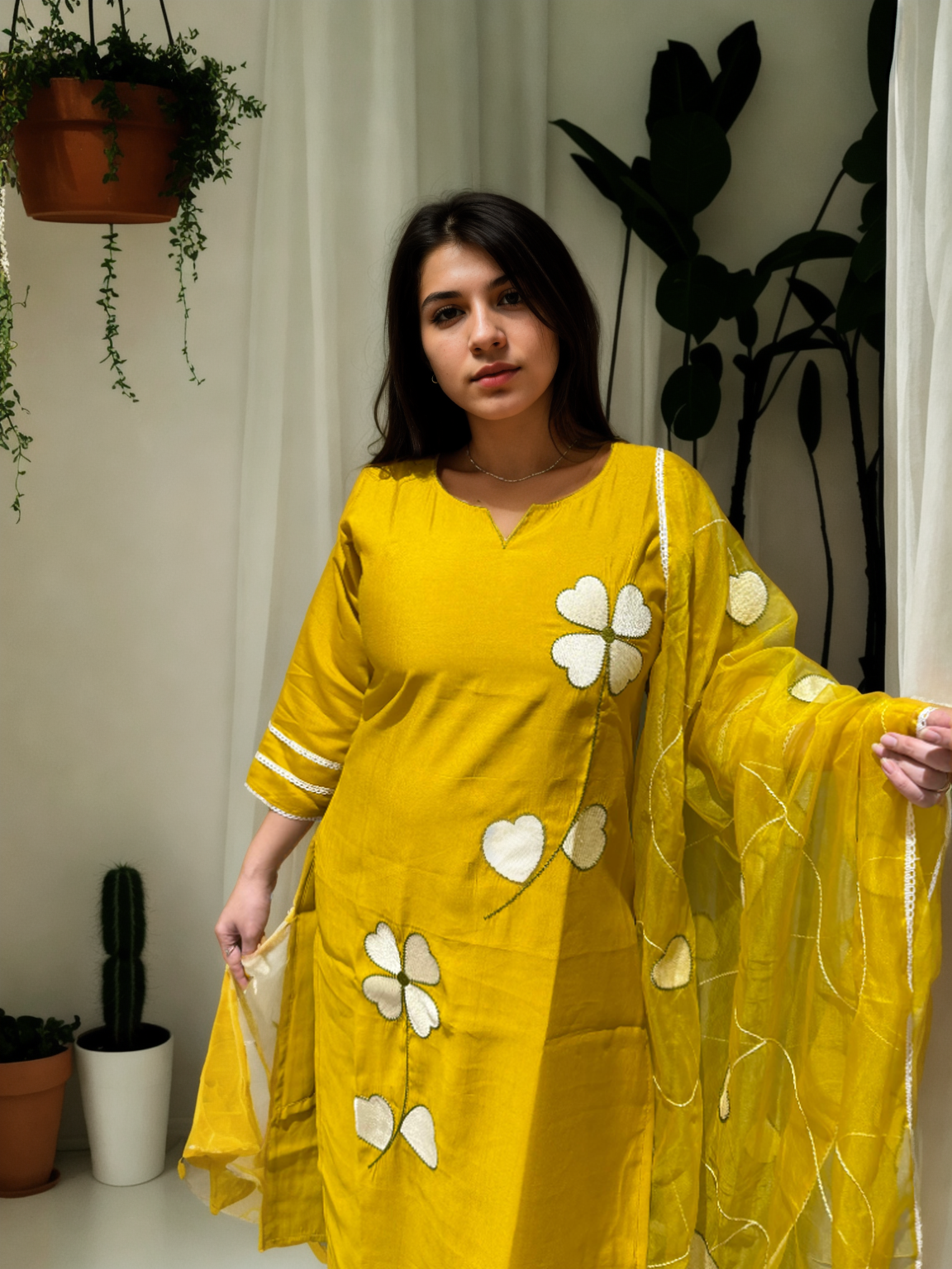 Heart Bloom Suit Set – Roman Silk with Organza Dupatta