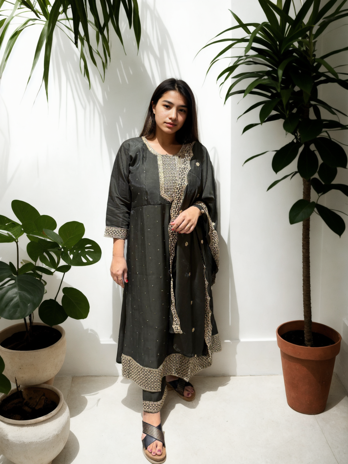 Roman Silk Ghera Suit with Embroidery & Dupatta