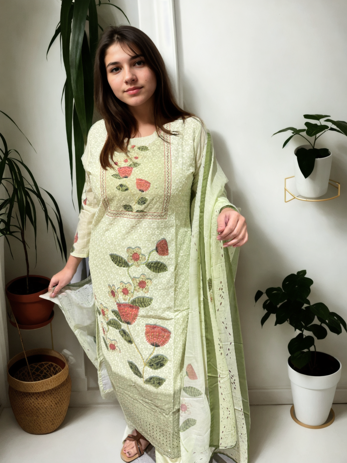 Gulbahaar Mint Cotton Suit Set with Pure Mul Lining & Pocket Pants | Signature Collection