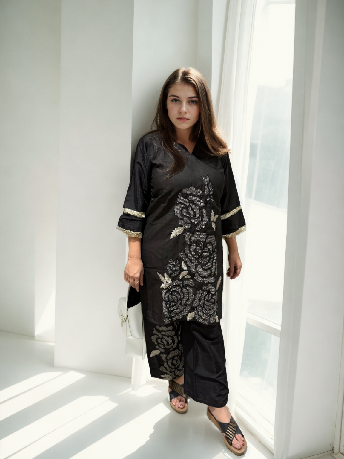 Black Roman Silk Floral Embroidered Co-ord Set with Inner & Pocketed Plazo