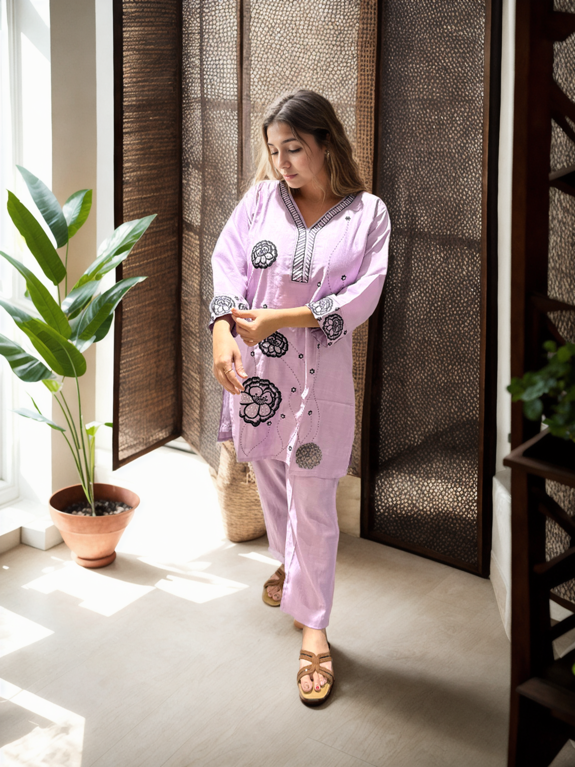 Zoya Bloom Embroidered Coord Set – Veticaan Fabric (Lilac Petal & Mist Blue)