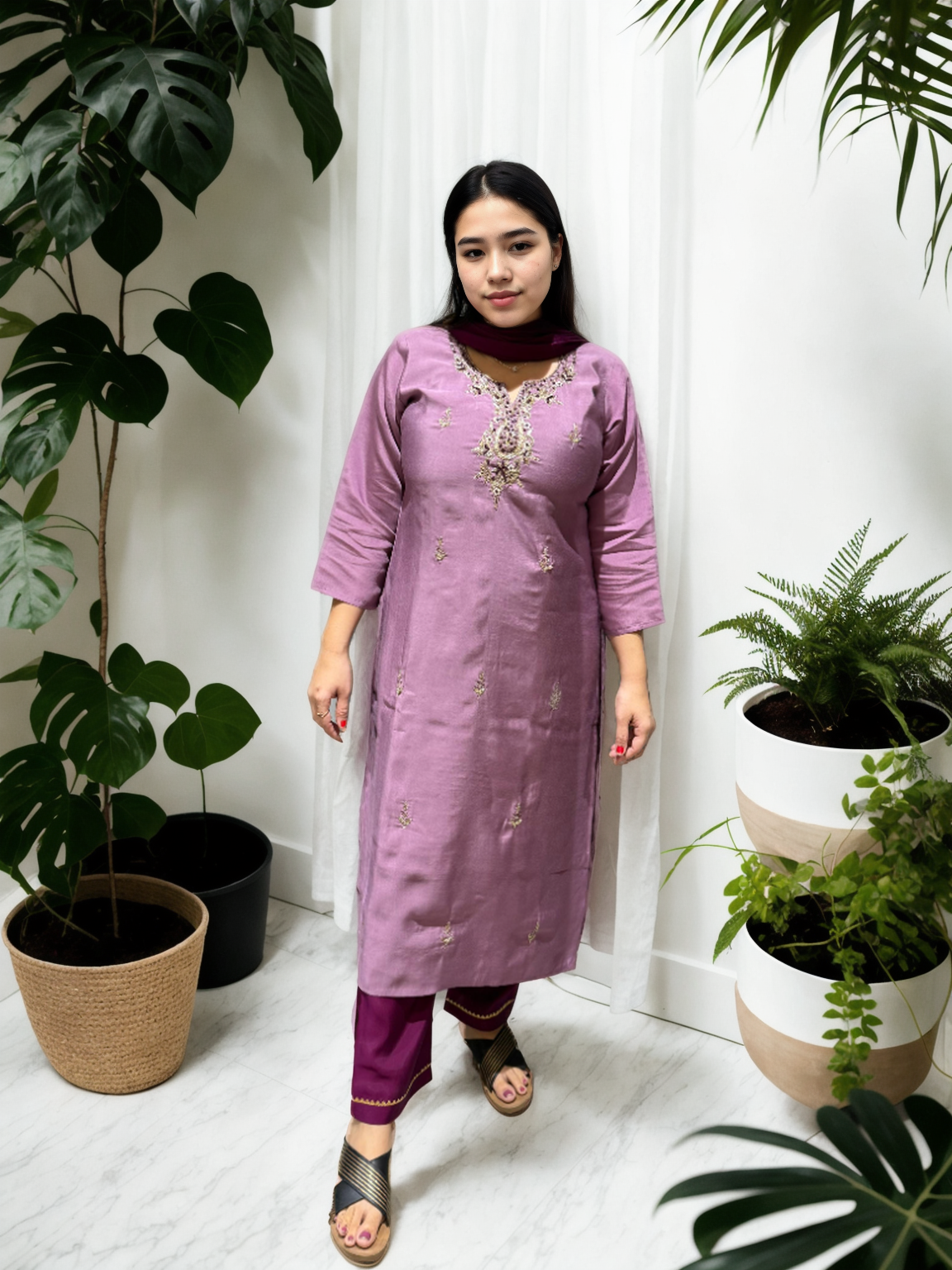 Rangila Silk Suit with Handwork Neck & Pure Naznin Dupatta