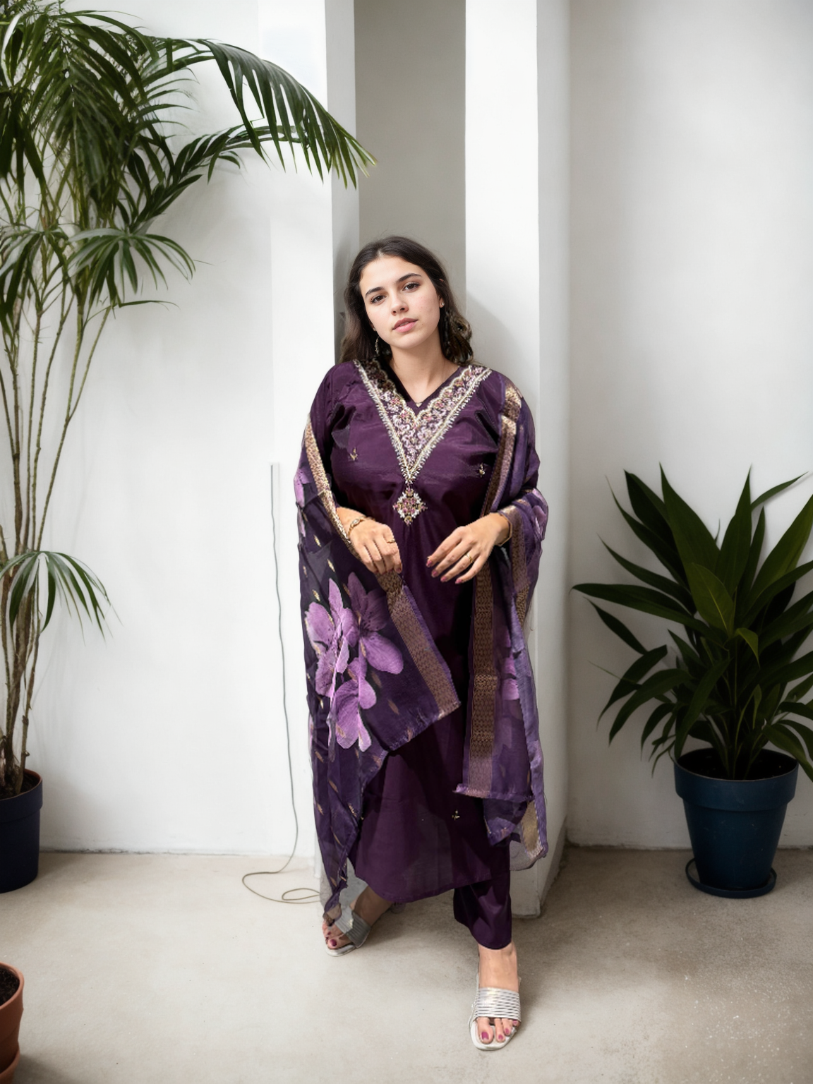 Elegant Roman Silk Suit Set with Handwork – 3 Colours | V-Neck | Chanderi Dupatta