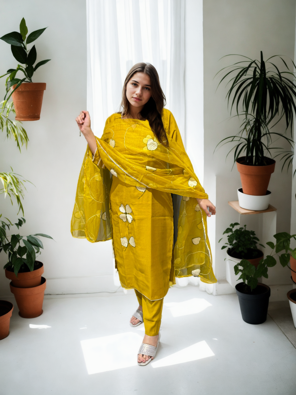 Heart Bloom Suit Set – Roman Silk with Organza Dupatta