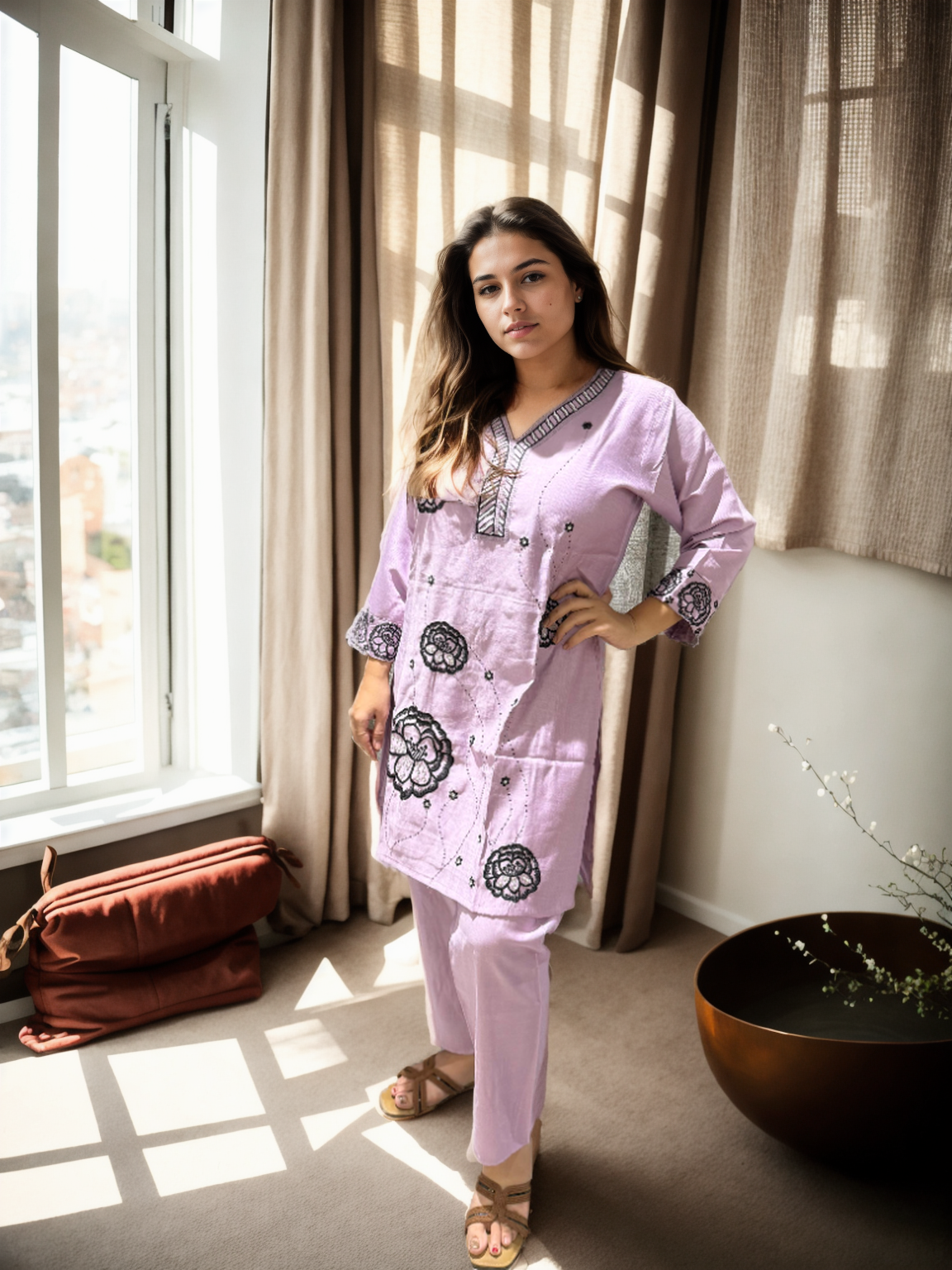 Zoya Bloom Embroidered Coord Set – Veticaan Fabric (Lilac Petal & Mist Blue)