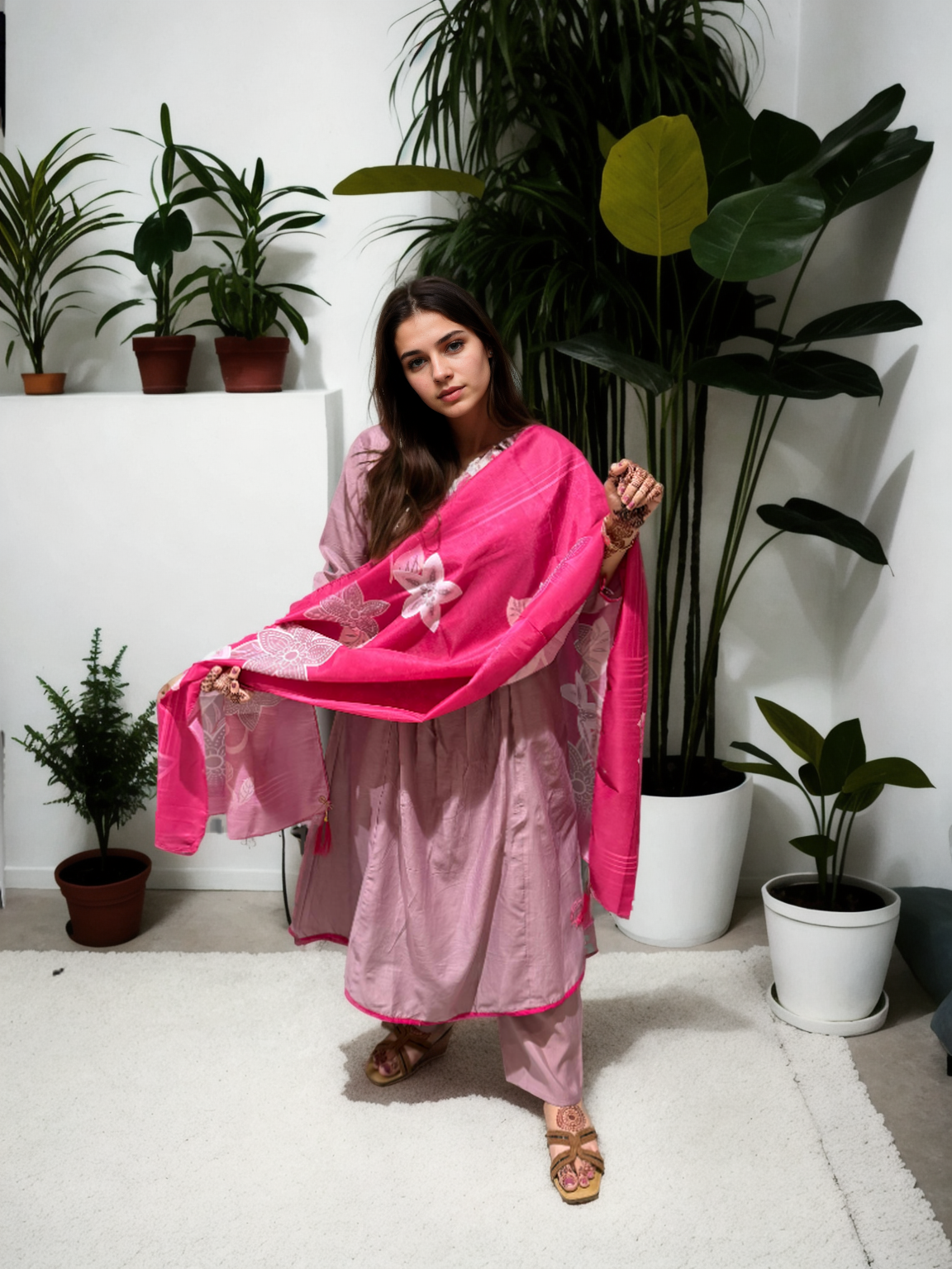 Muk Chanderi 3-Piece Suit Set with Embroidered Neck & Side Pocket