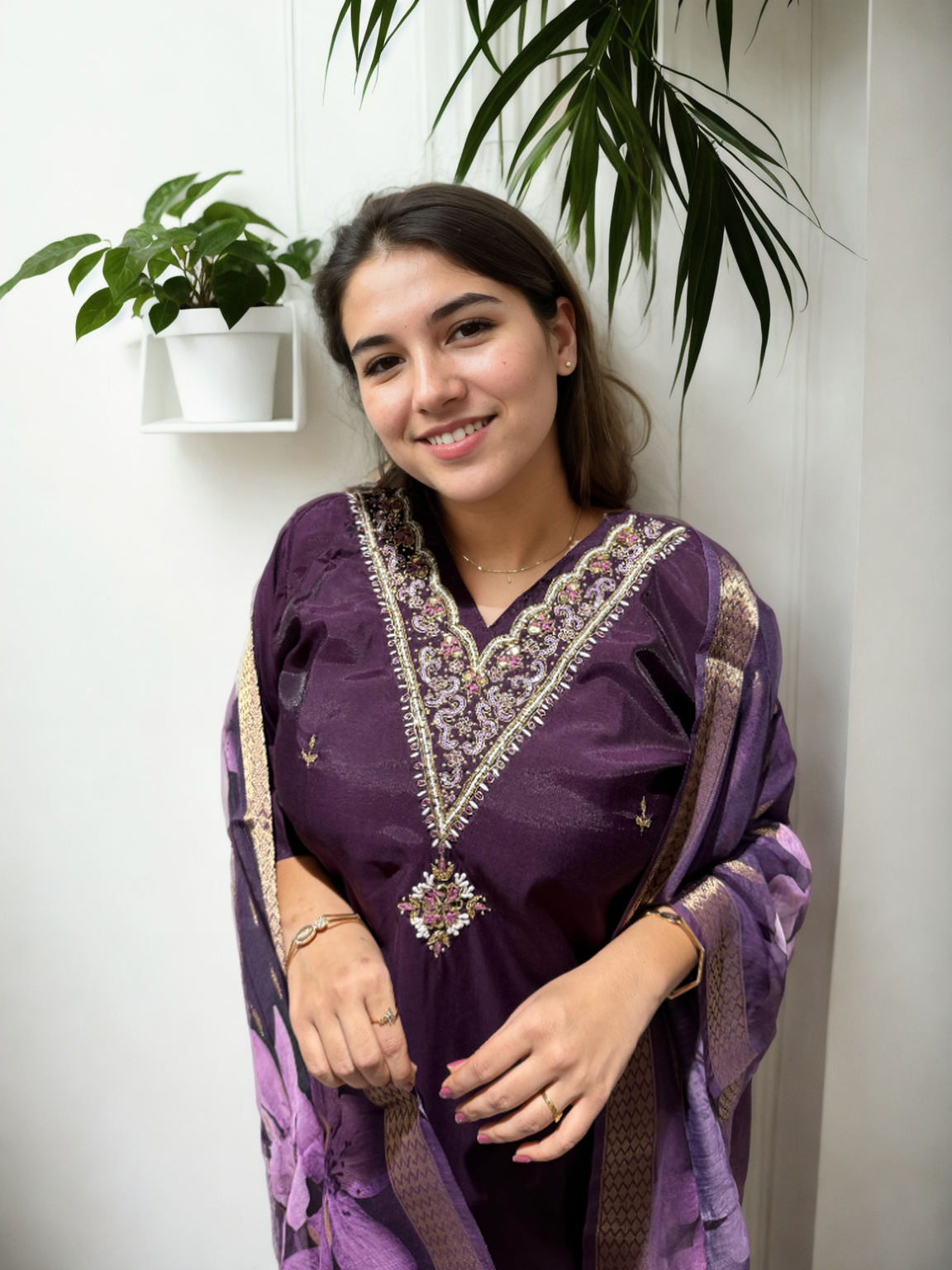 Elegant Roman Silk Suit Set with Handwork – 3 Colours | V-Neck | Chanderi Dupatta