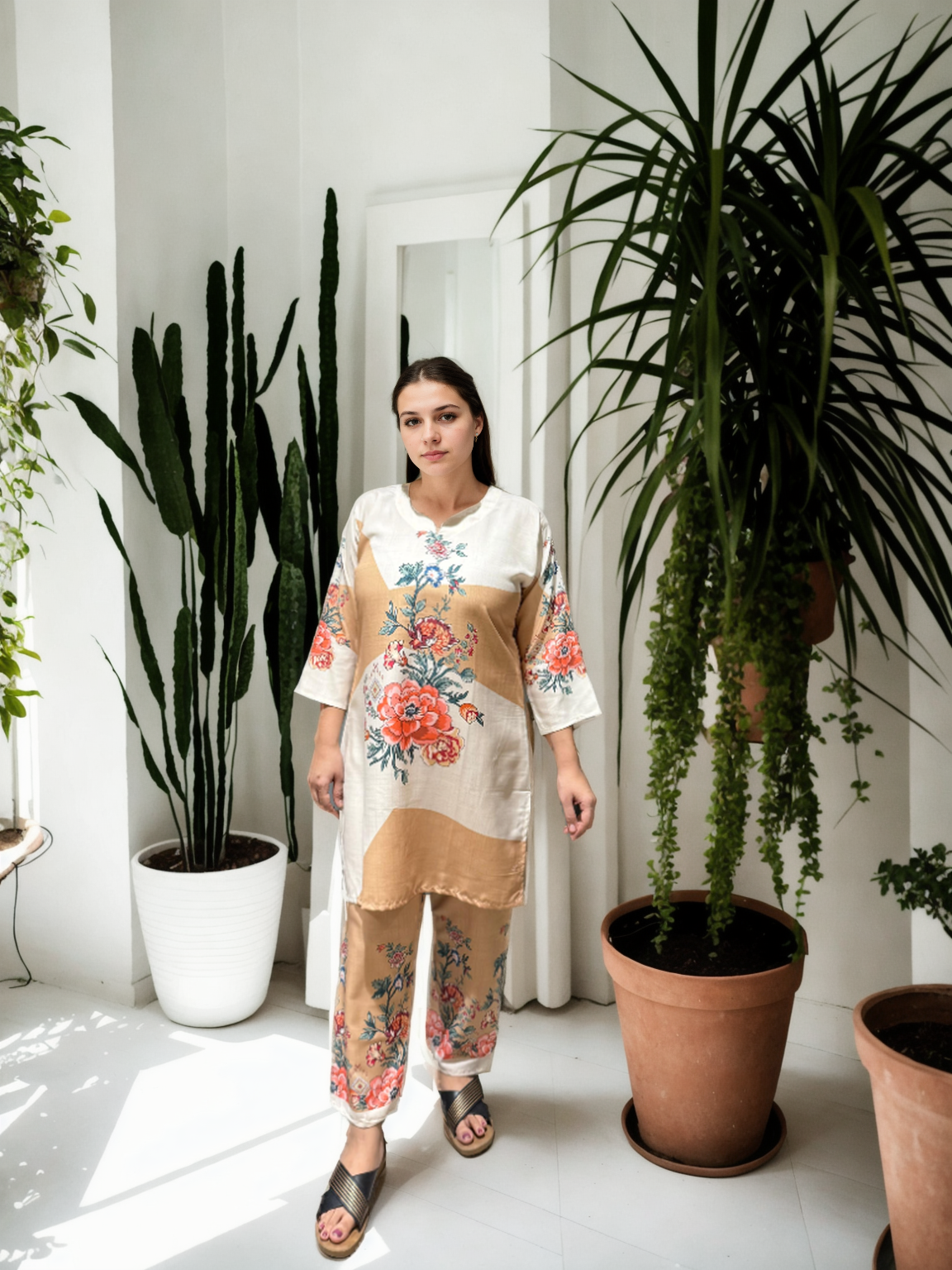 Beige & Ivory Floral Printed Cotton Coord Set