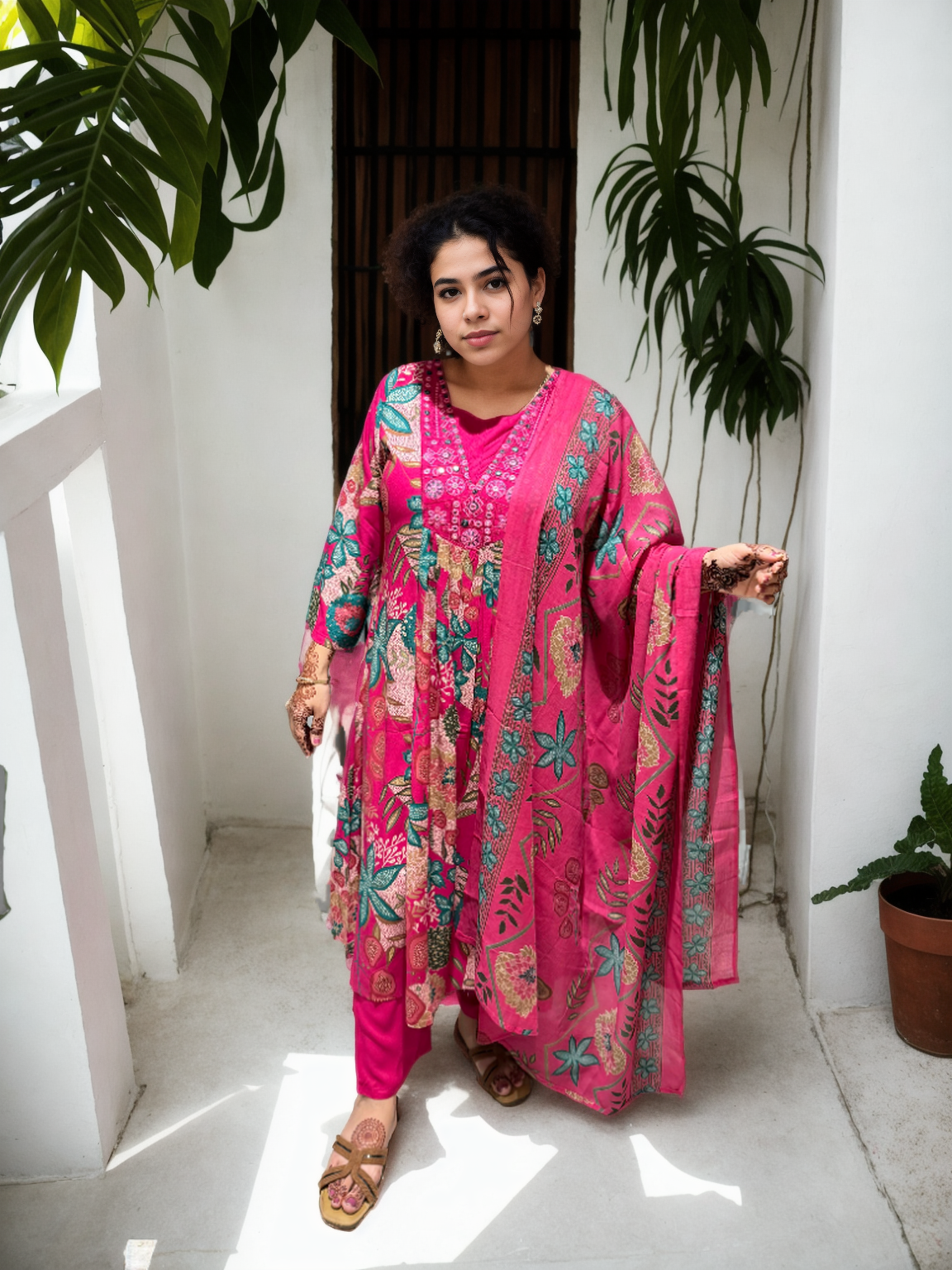 Cotton Ghera 3-Piece Suit Set with Embroidered Neck