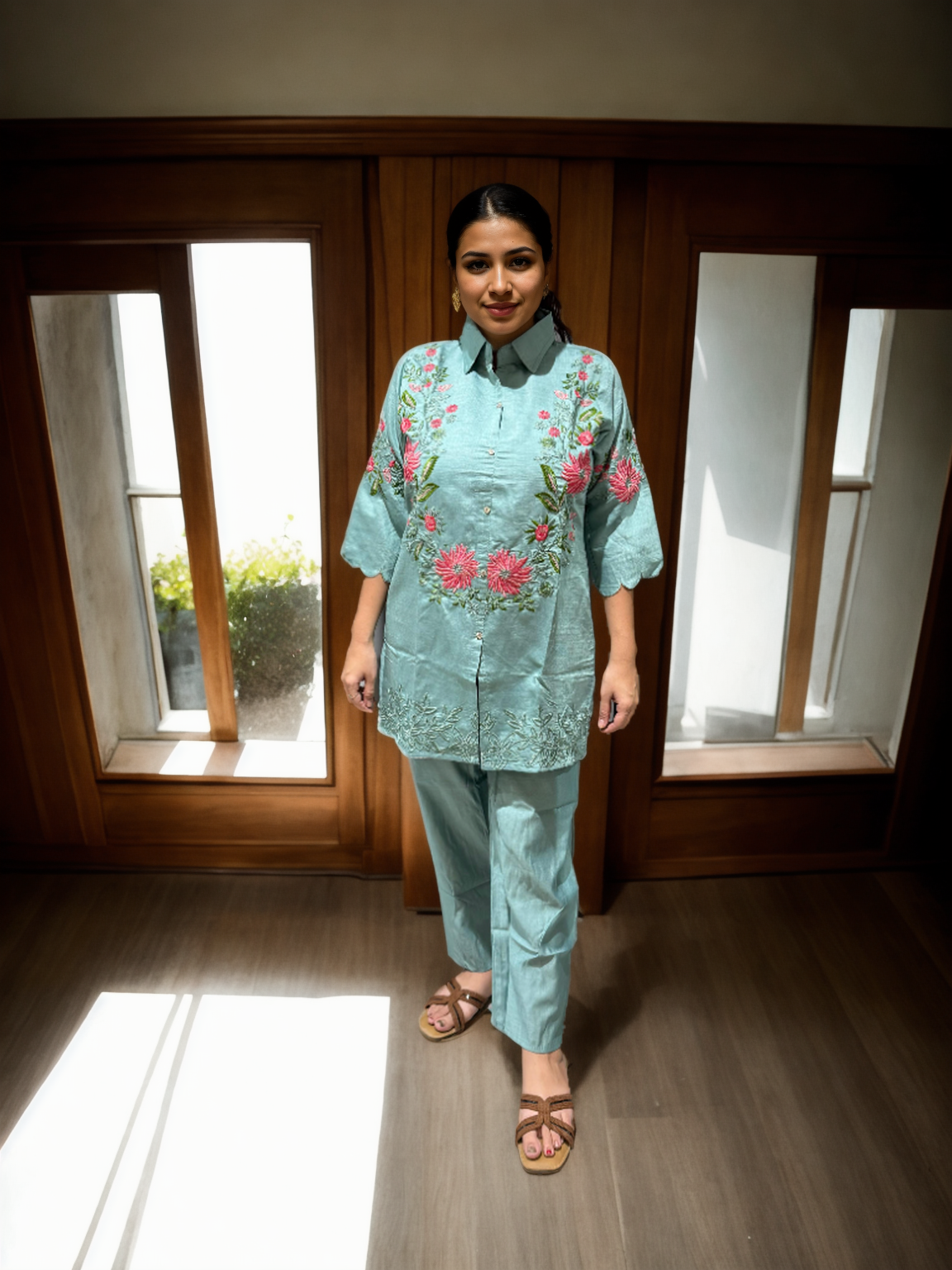 Floral Grace Embroidered Coord Set in Vatican Silk (With Inner)