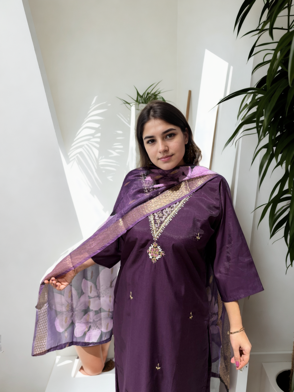 Elegant Roman Silk Suit Set with Handwork – 3 Colours | V-Neck | Chanderi Dupatta