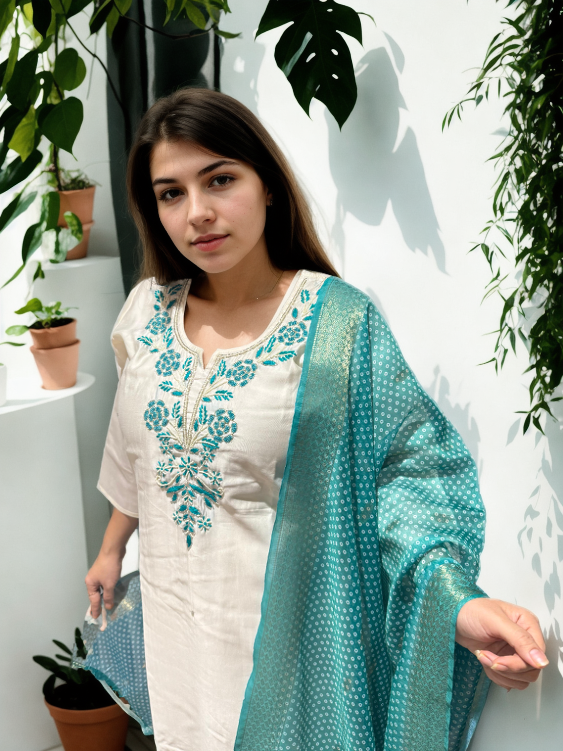 Roman Silk Handwork Suit Set with Bandhani Organza Dupatta (M to 5XL)