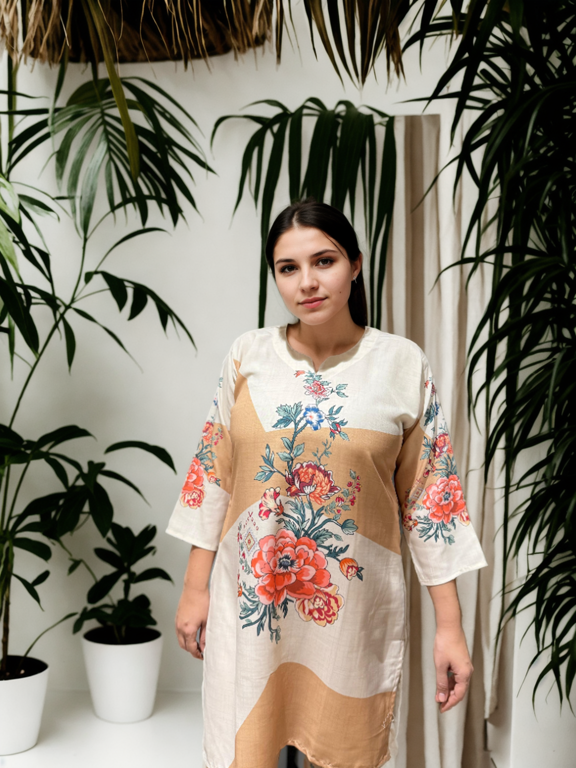 Beige & Ivory Floral Printed Cotton Coord Set