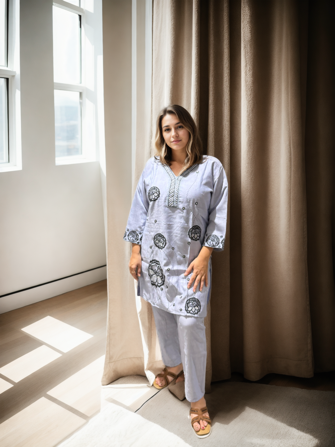 Zoya Bloom Embroidered Coord Set – Veticaan Fabric (Lilac Petal & Mist Blue)