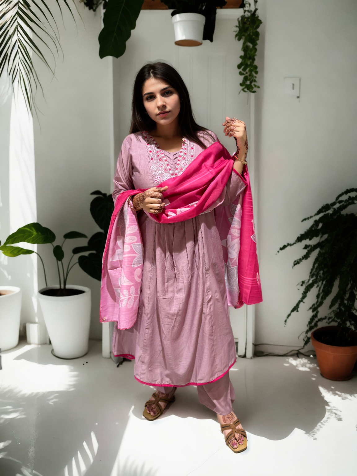 Muk Chanderi 3-Piece Suit Set with Embroidered Neck & Side Pocket