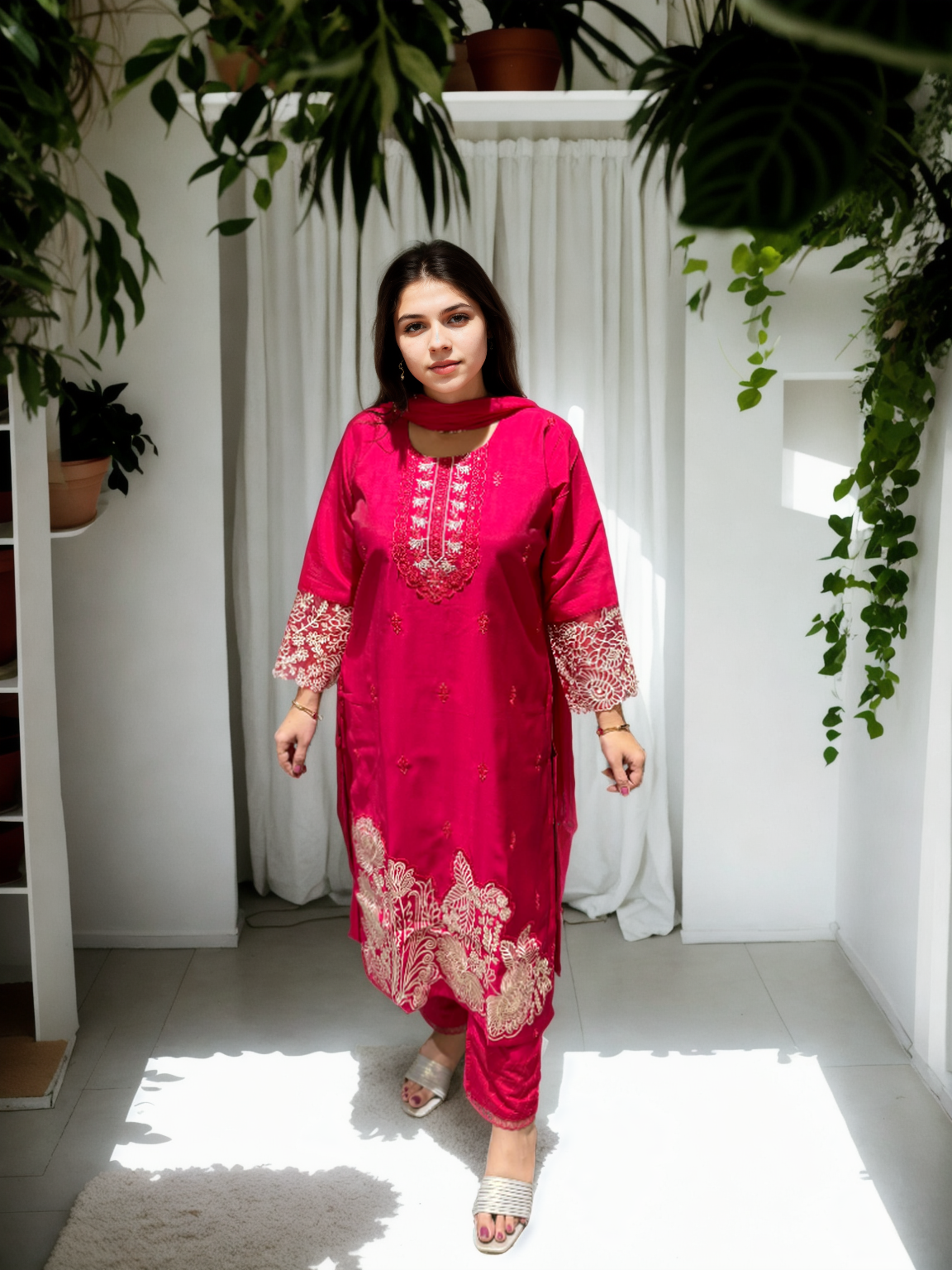 Embroidered Roman Silk Suit Set with Organza Sleeves & Cotton Naznin Dupatta – Signature Edition (5 Colors)