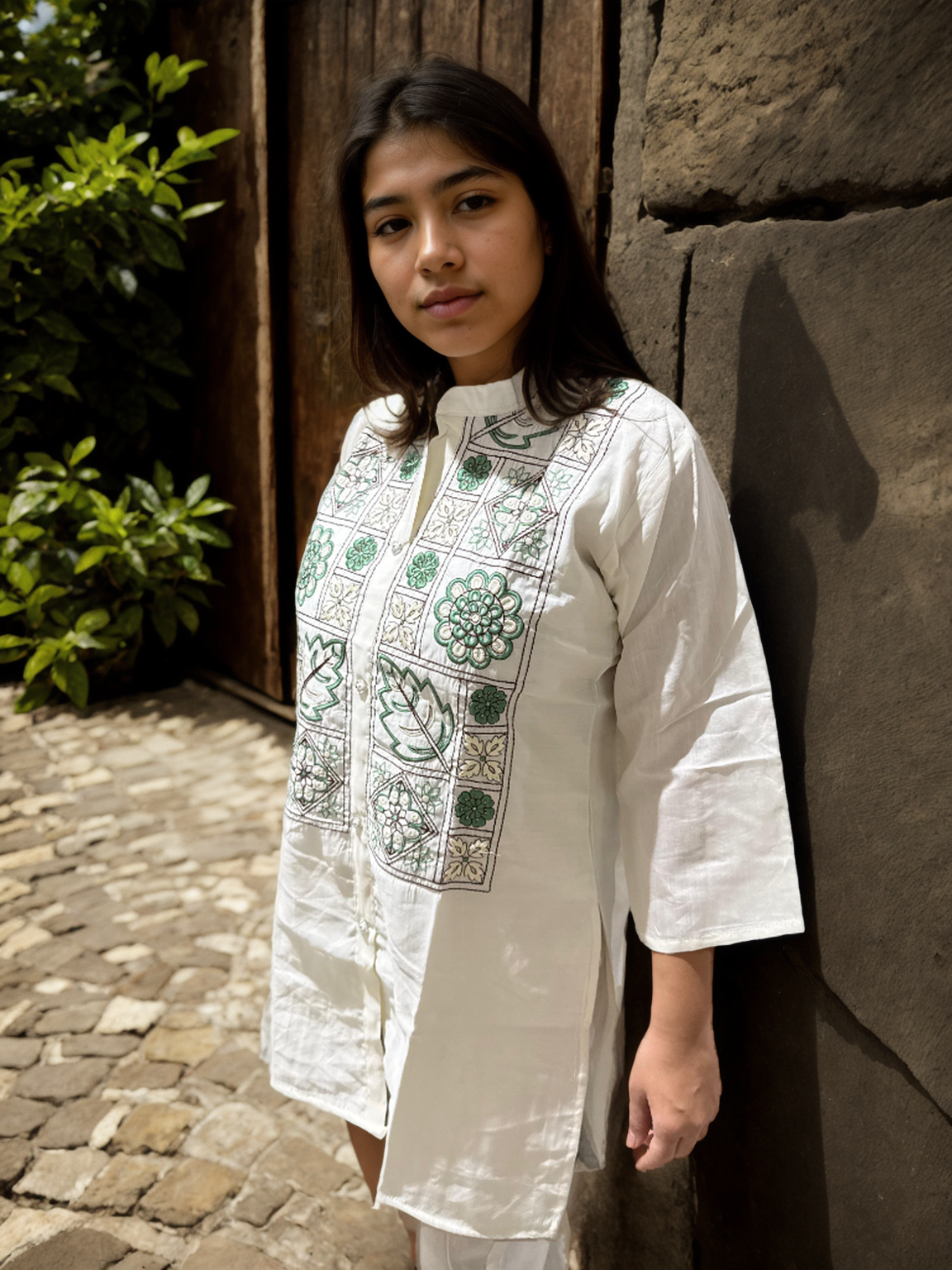 Floral Tile Embroidered Co-ord Set in Roman Silk